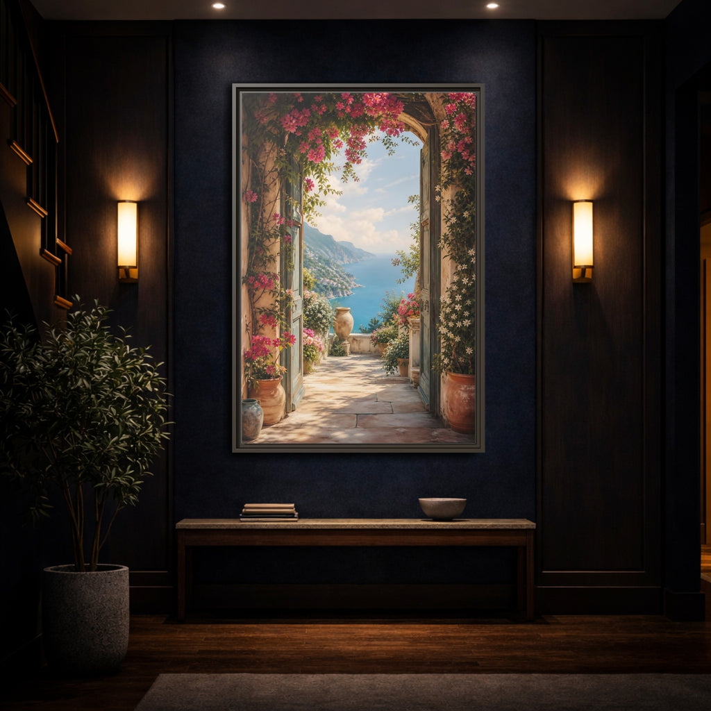 Mockup 4. Nature Coastal View Pink Bougainvillea Ocean shown as stretched canvas wall art