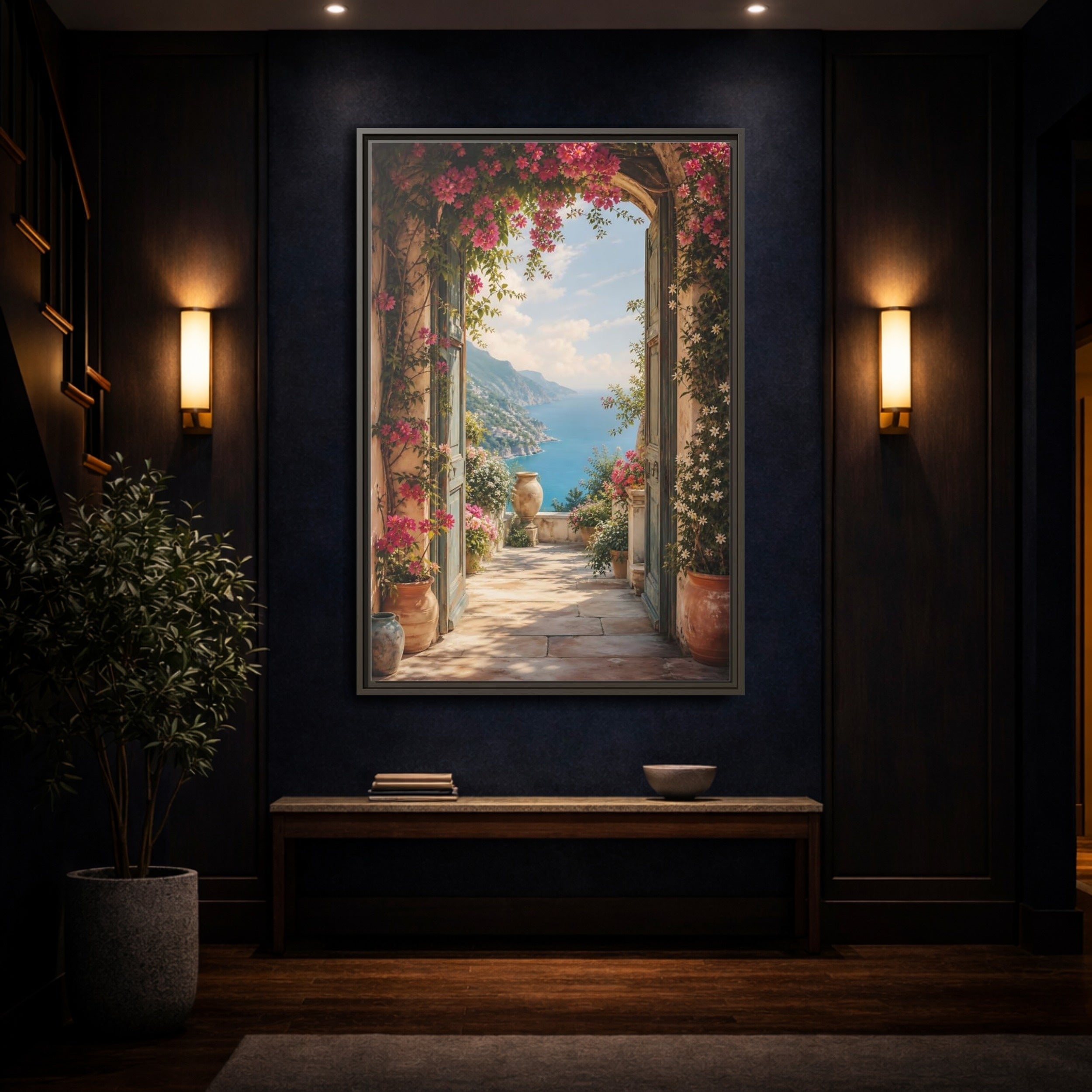 Mockup 4. Nature Coastal View Pink Bougainvillea Ocean shown as stretched canvas wall art