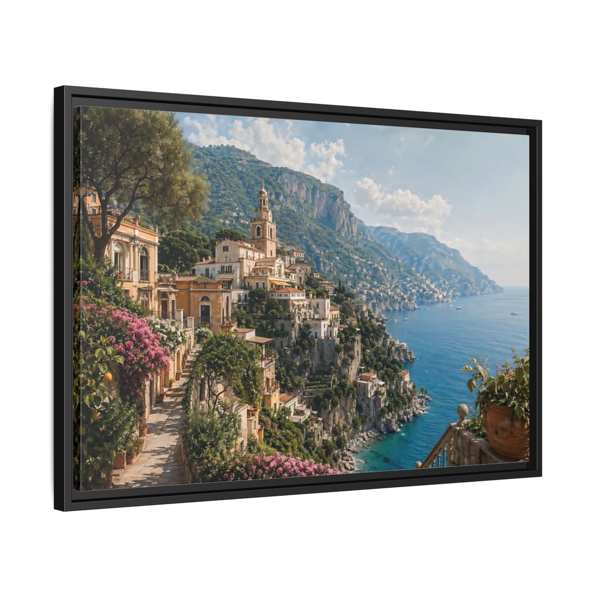 Side Mockup 14. Nature Coastal Village Amalfi Coast View shown as stretched canvas wall art