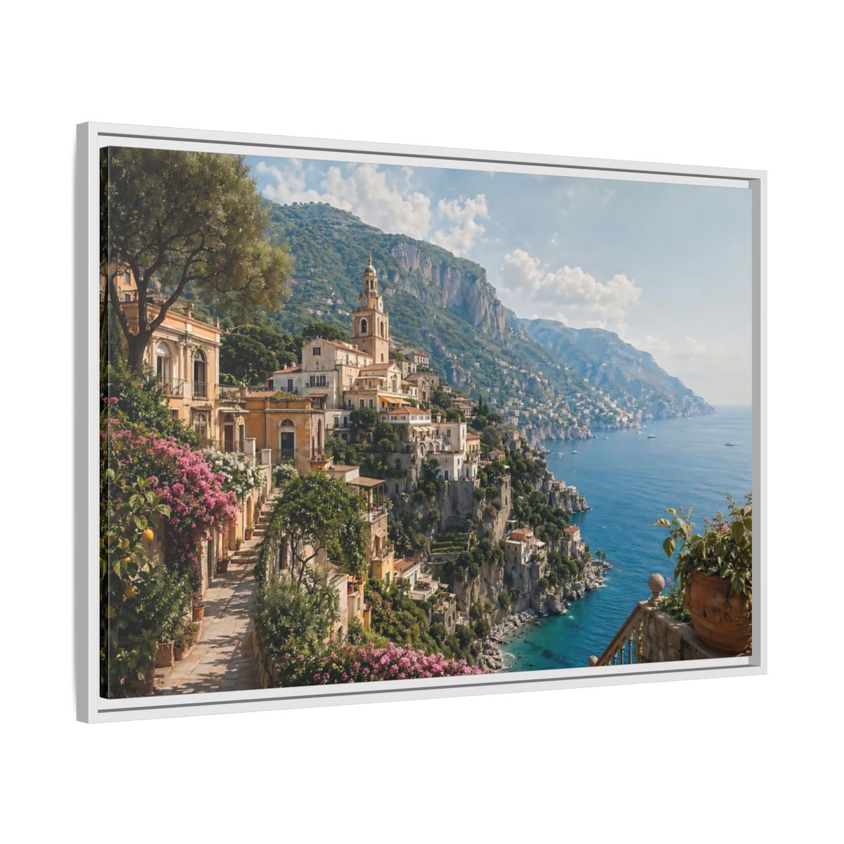 Side Mockup 9. Nature Coastal Village Amalfi Coast View shown as stretched canvas wall art