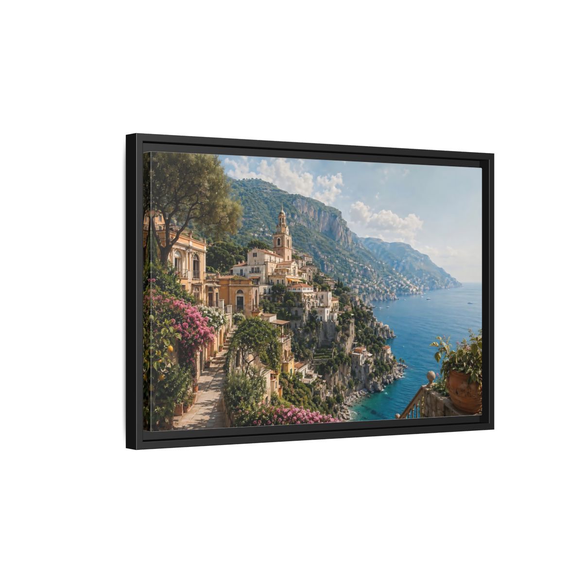 Side Mockup 3. Nature Coastal Village Amalfi Coast View shown as stretched canvas wall art