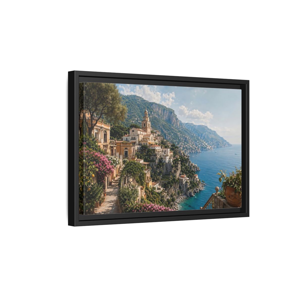 Side Mockup 6. Nature Coastal Village Amalfi Coast View shown as stretched canvas wall art