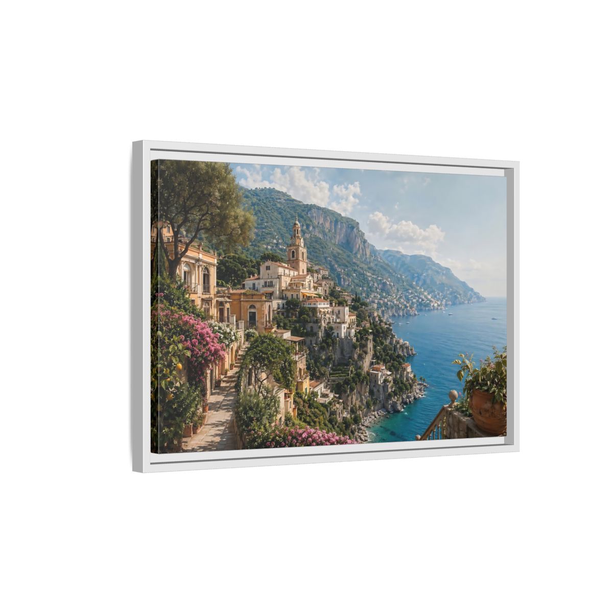 Side Mockup 1. Nature Coastal Village Amalfi Coast View shown as stretched canvas wall art