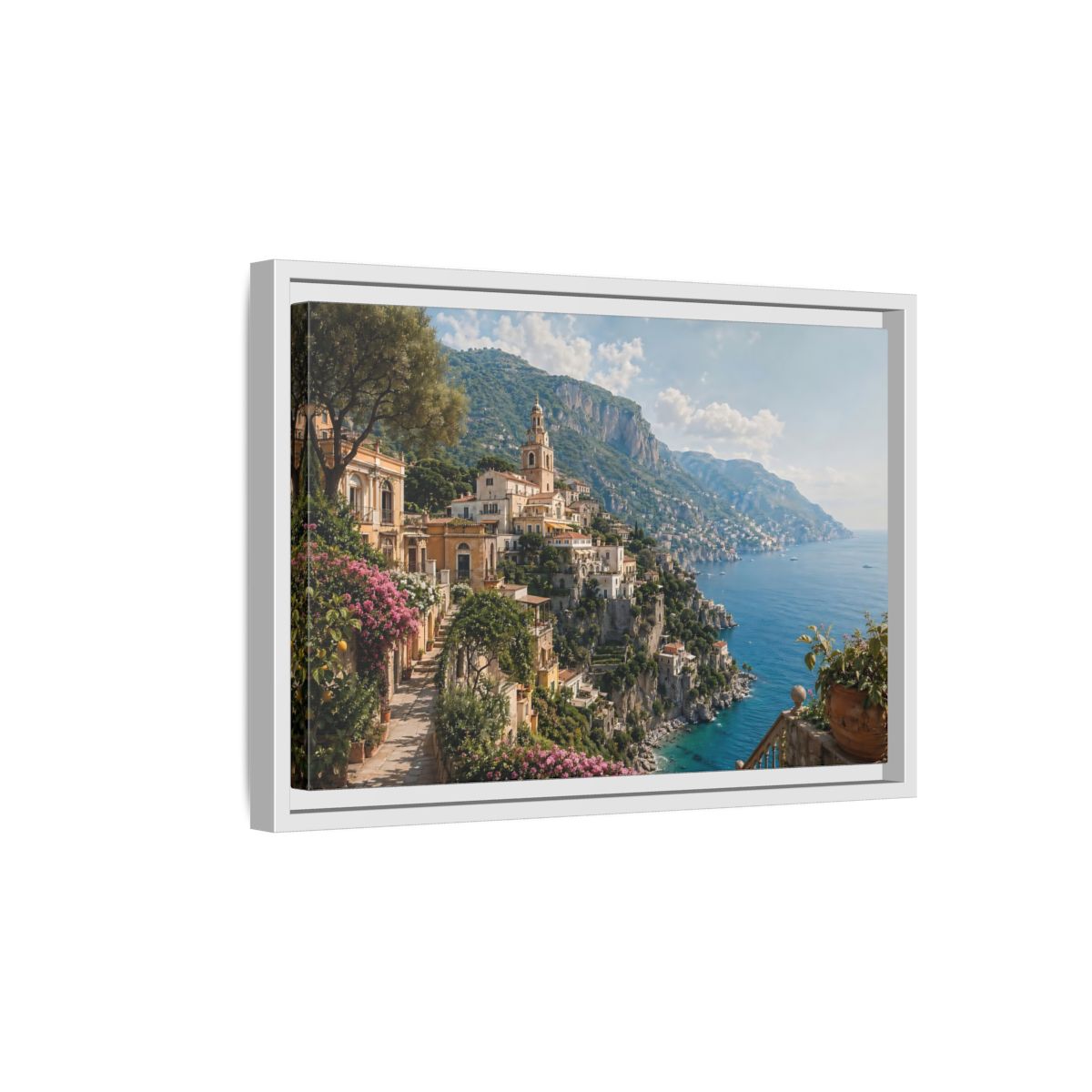 Side Mockup 4. Nature Coastal Village Amalfi Coast View shown as stretched canvas wall art