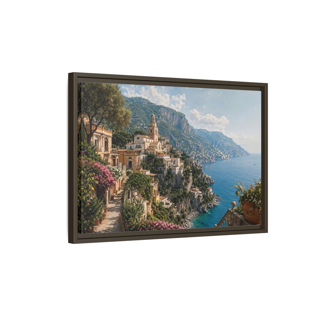 Side Mockup 2. Nature Coastal Village Amalfi Coast View shown as stretched canvas wall art