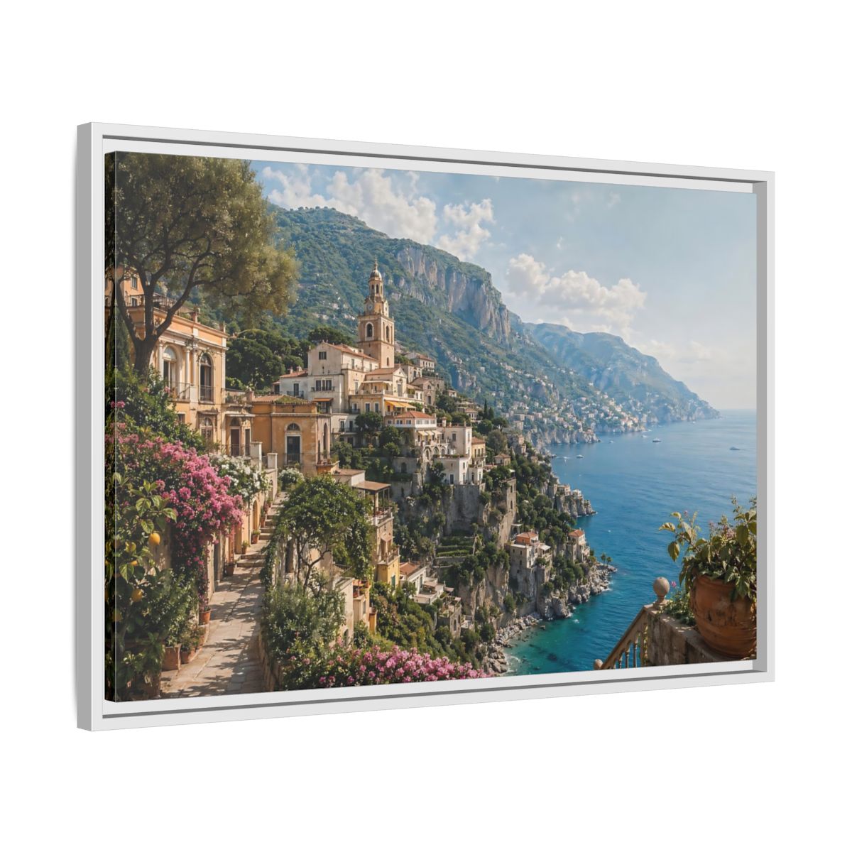 Side Mockup 10. Nature Coastal Village Amalfi Coast View shown as stretched canvas wall art