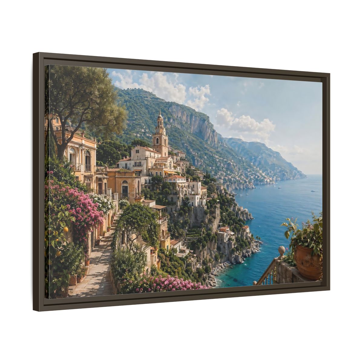 Side Mockup 11. Nature Coastal Village Amalfi Coast View shown as stretched canvas wall art