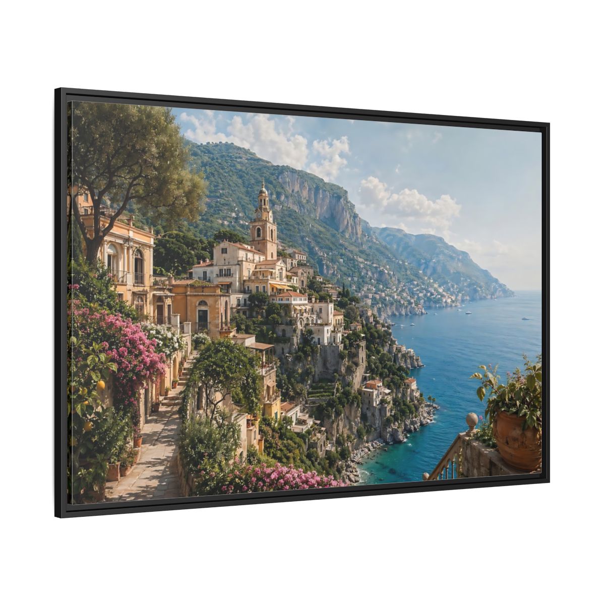 Side Mockup 12. Nature Coastal Village Amalfi Coast View shown as stretched canvas wall art