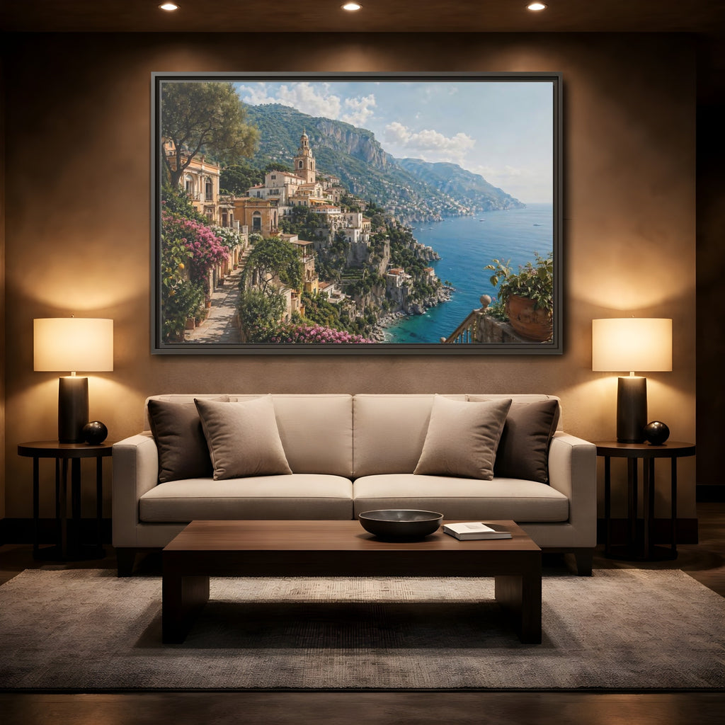 Mockup 2. Nature Coastal Village Amalfi Coast View shown as stretched canvas wall art