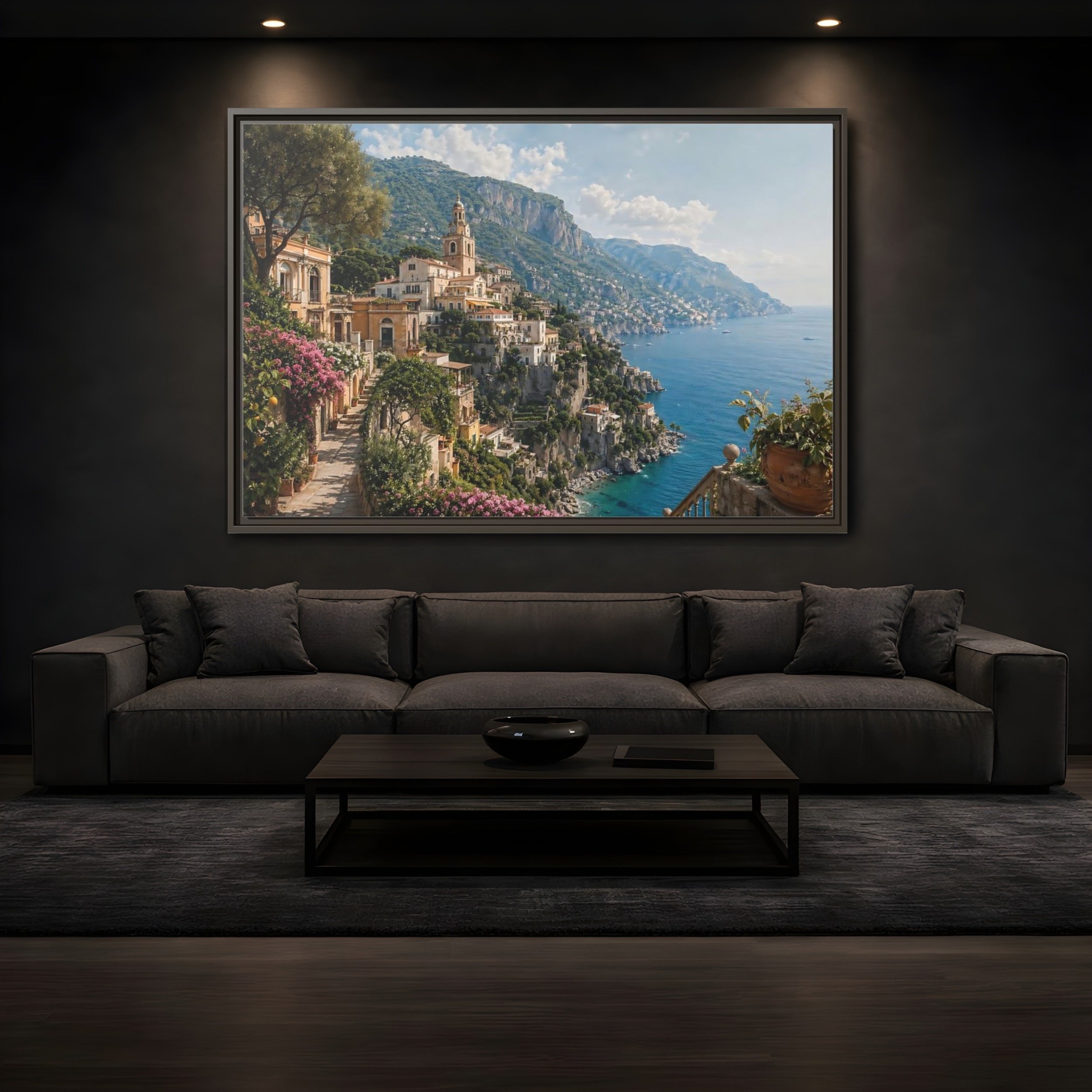 Mockup 3. Nature Coastal Village Amalfi Coast View shown as stretched canvas wall art