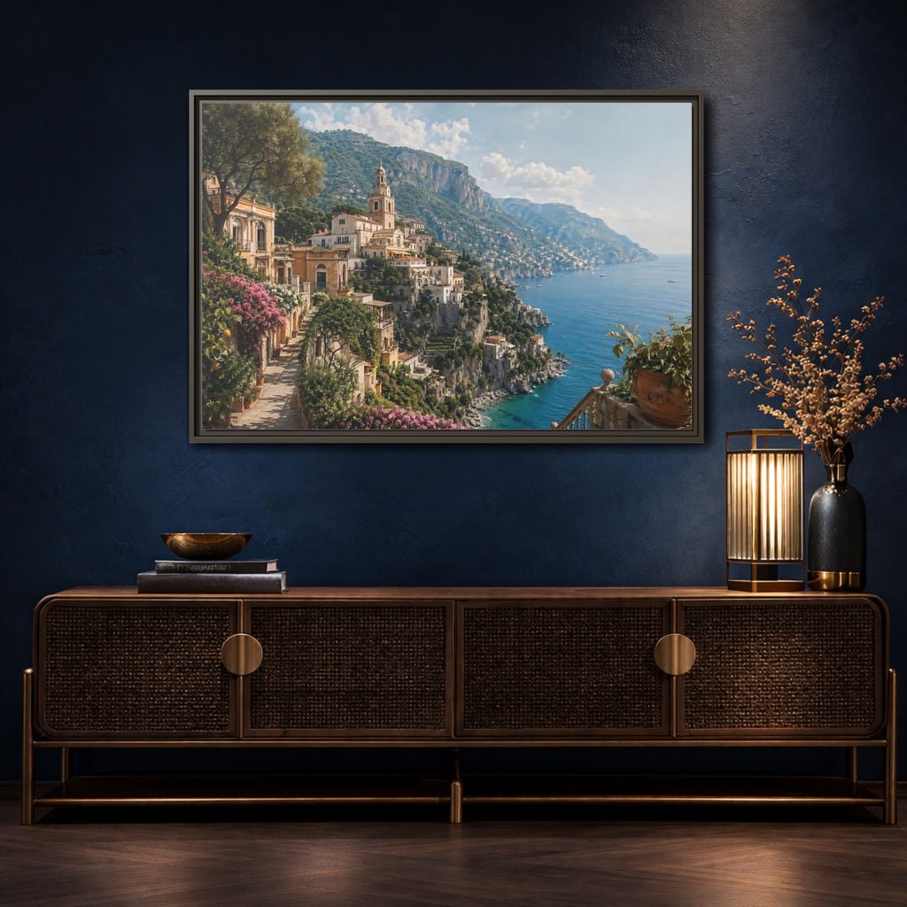 Mockup 4. Nature Coastal Village Amalfi Coast View shown as stretched canvas wall art
