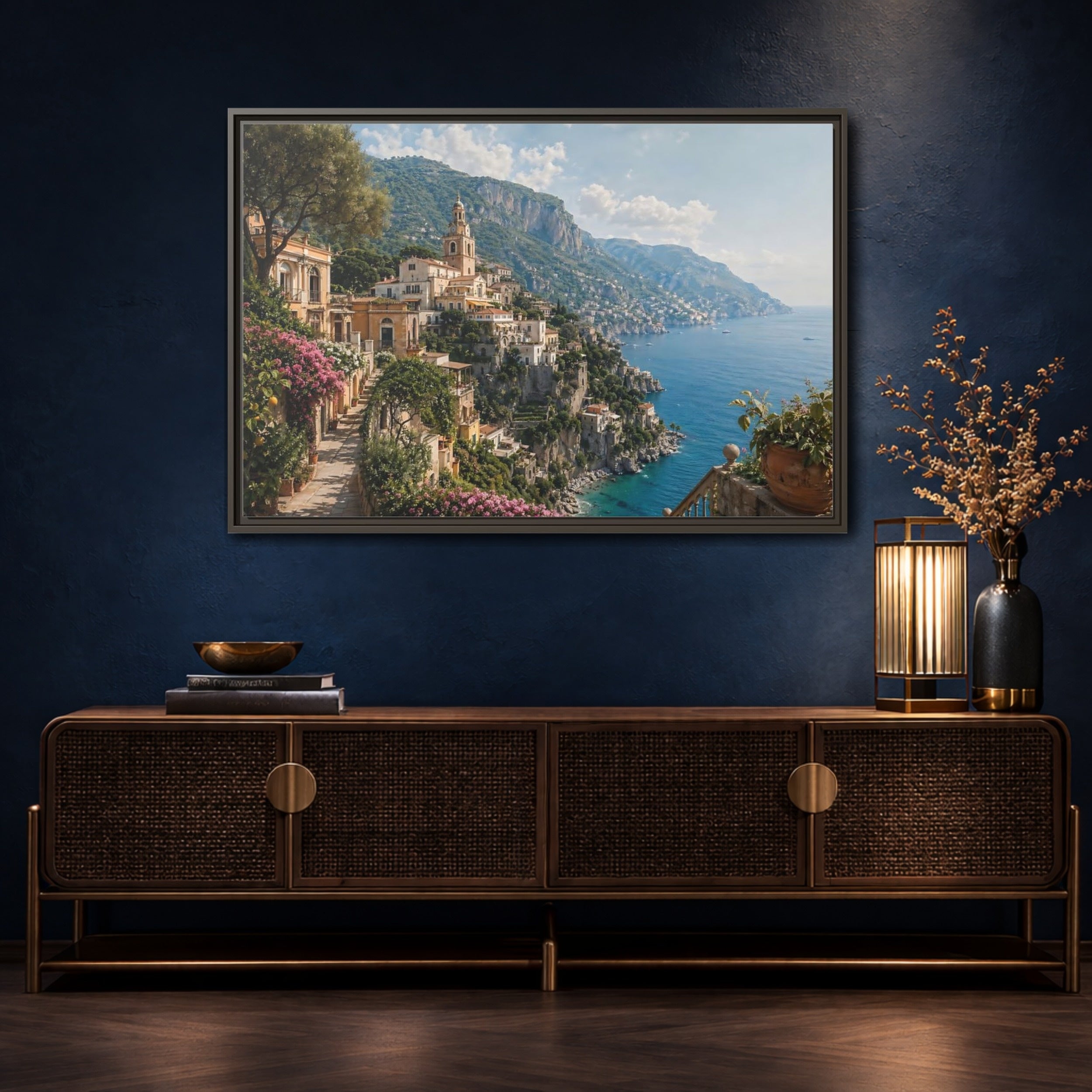 Mockup 4. Nature Coastal Village Amalfi Coast View shown as stretched canvas wall art