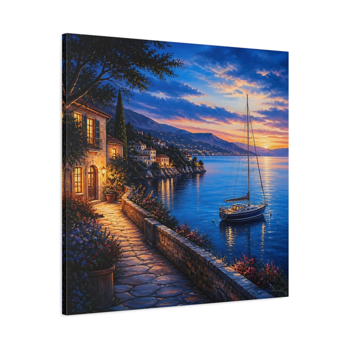 Main Mockup. Nature Coastal Village Coastal Sunset shown as stretched canvas wall art