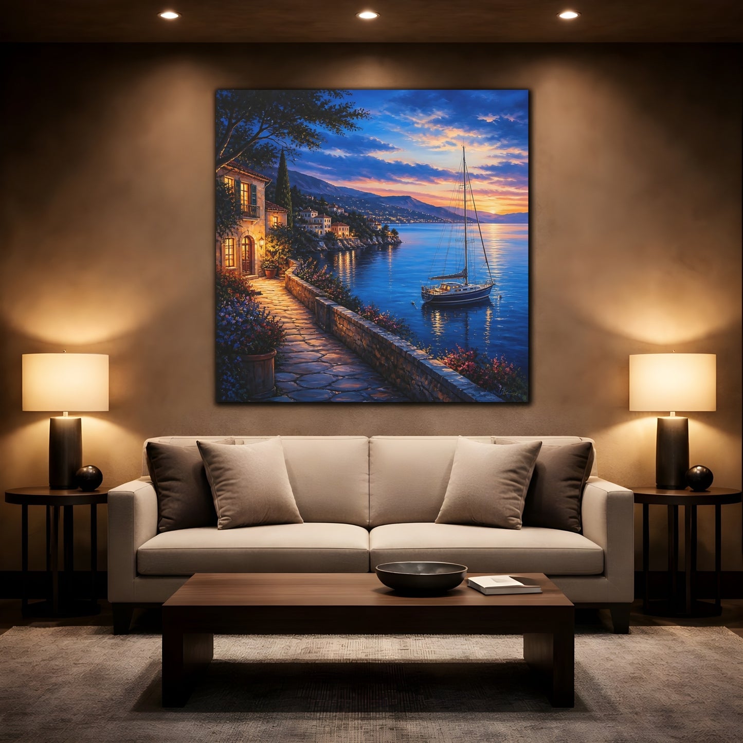 Mockup 2. Nature Coastal Village Coastal Sunset shown as stretched canvas wall art