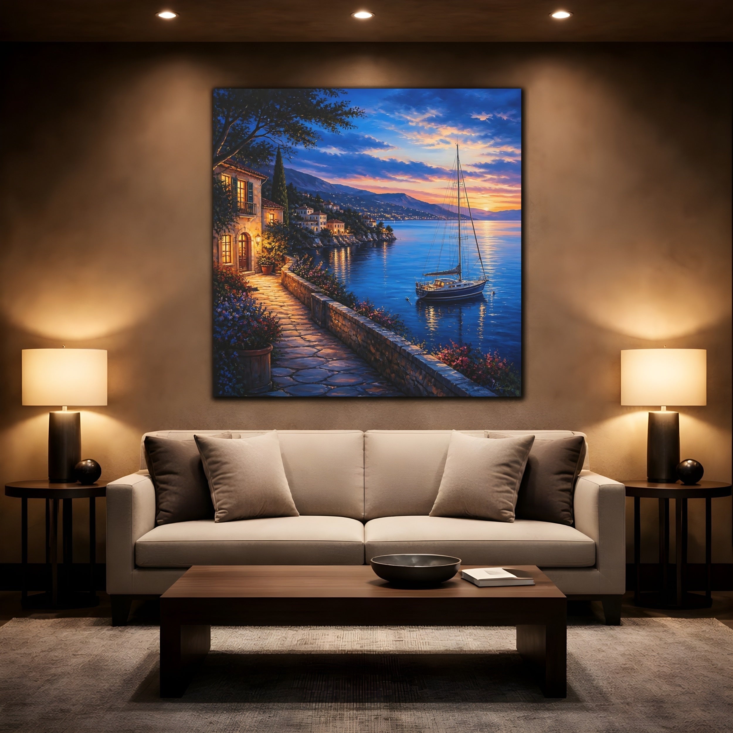 Mockup 2. Nature Coastal Village Coastal Sunset shown as stretched canvas wall art