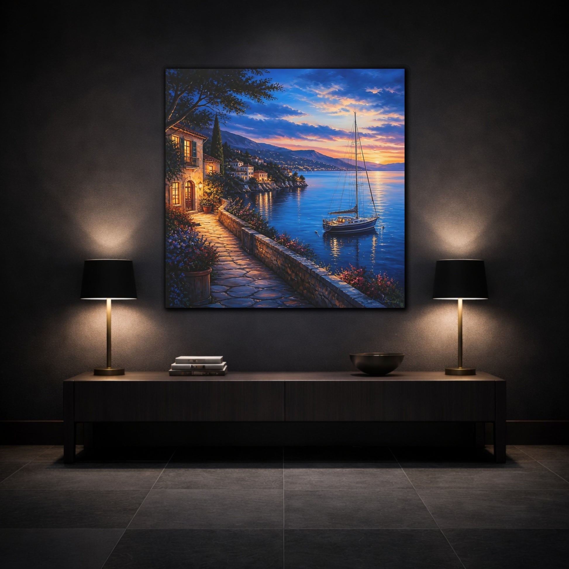 Mockup 3. Nature Coastal Village Coastal Sunset shown as stretched canvas wall art