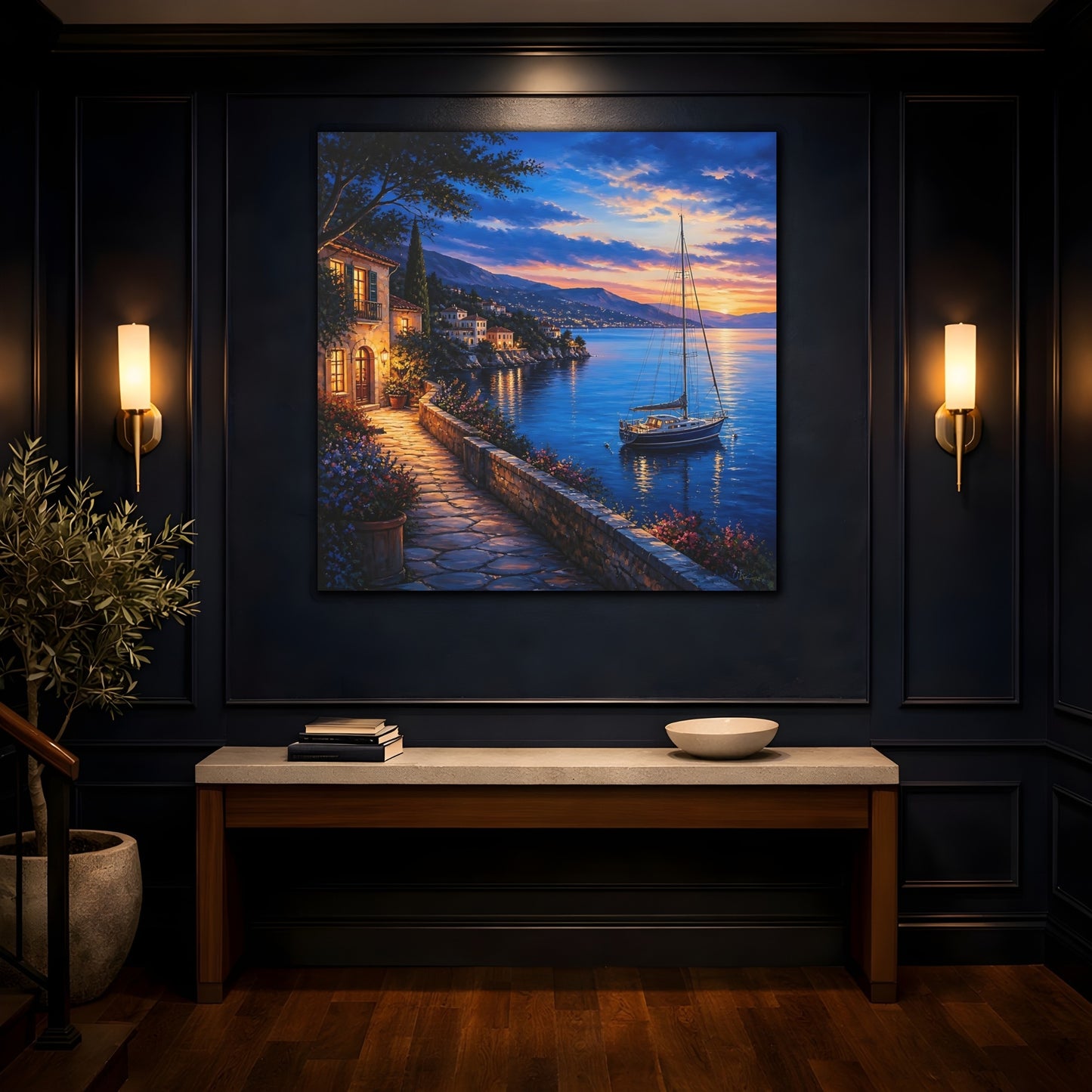 Mockup 4. Nature Coastal Village Coastal Sunset shown as stretched canvas wall art