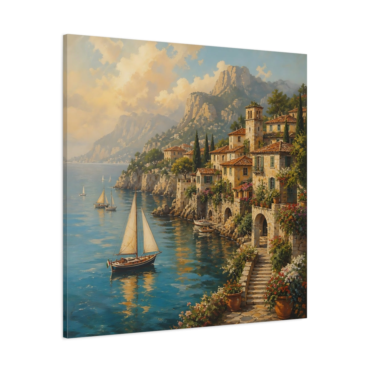 Side Mockup 1. Nature Coastal Village Italian Village Seascape shown as stretched canvas wall art