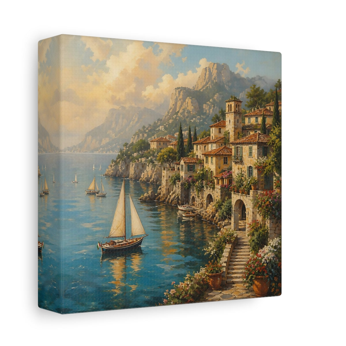 Side Mockup 2. Nature Coastal Village Italian Village Seascape shown as stretched canvas wall art