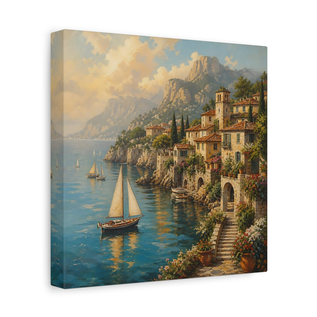 Side Mockup 9. Nature Coastal Village Italian Village Seascape shown as stretched canvas wall art