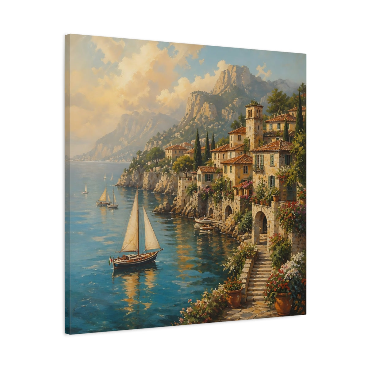 Side Mockup 3. Nature Coastal Village Italian Village Seascape shown as stretched canvas wall art