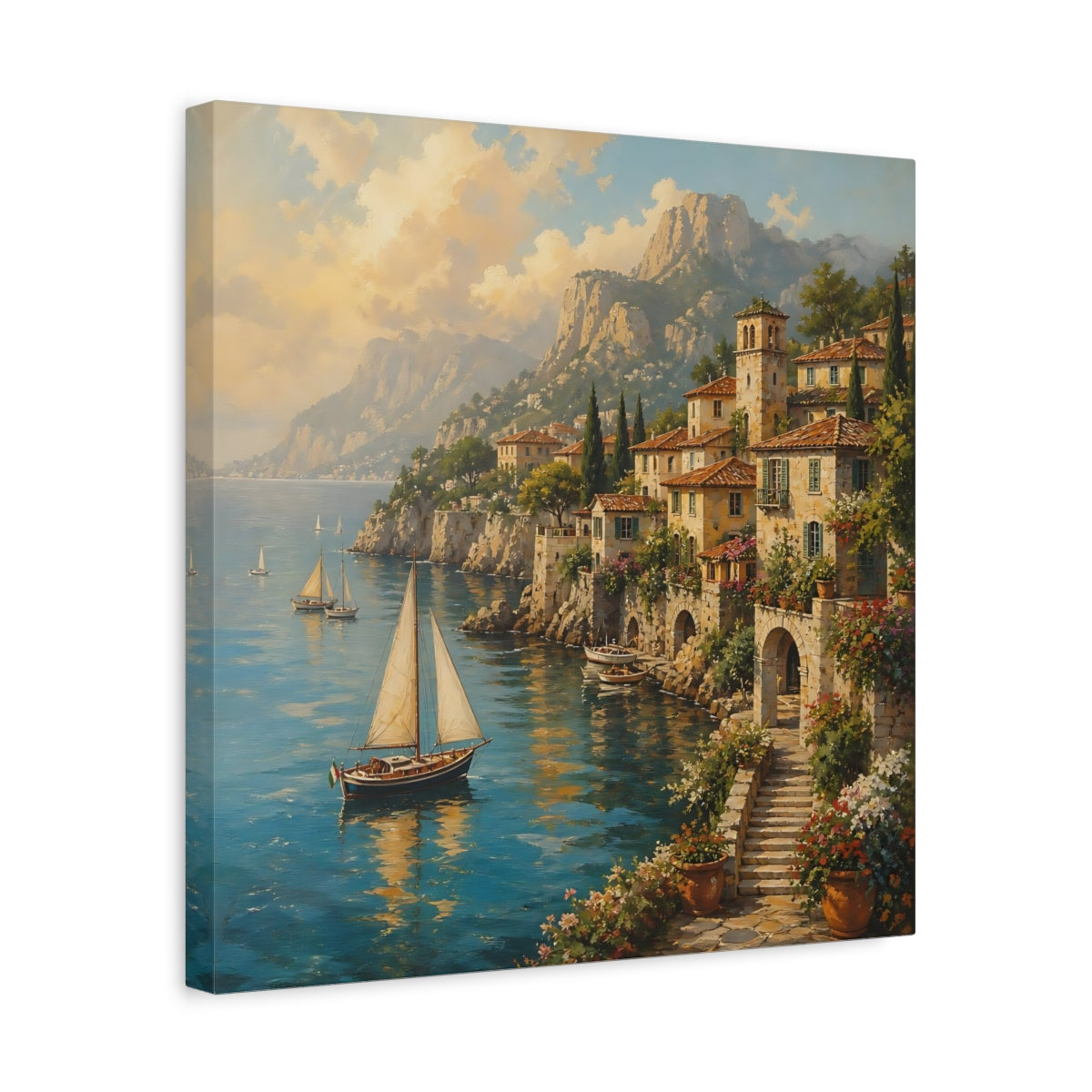 Side Mockup 6. Nature Coastal Village Italian Village Seascape shown as stretched canvas wall art