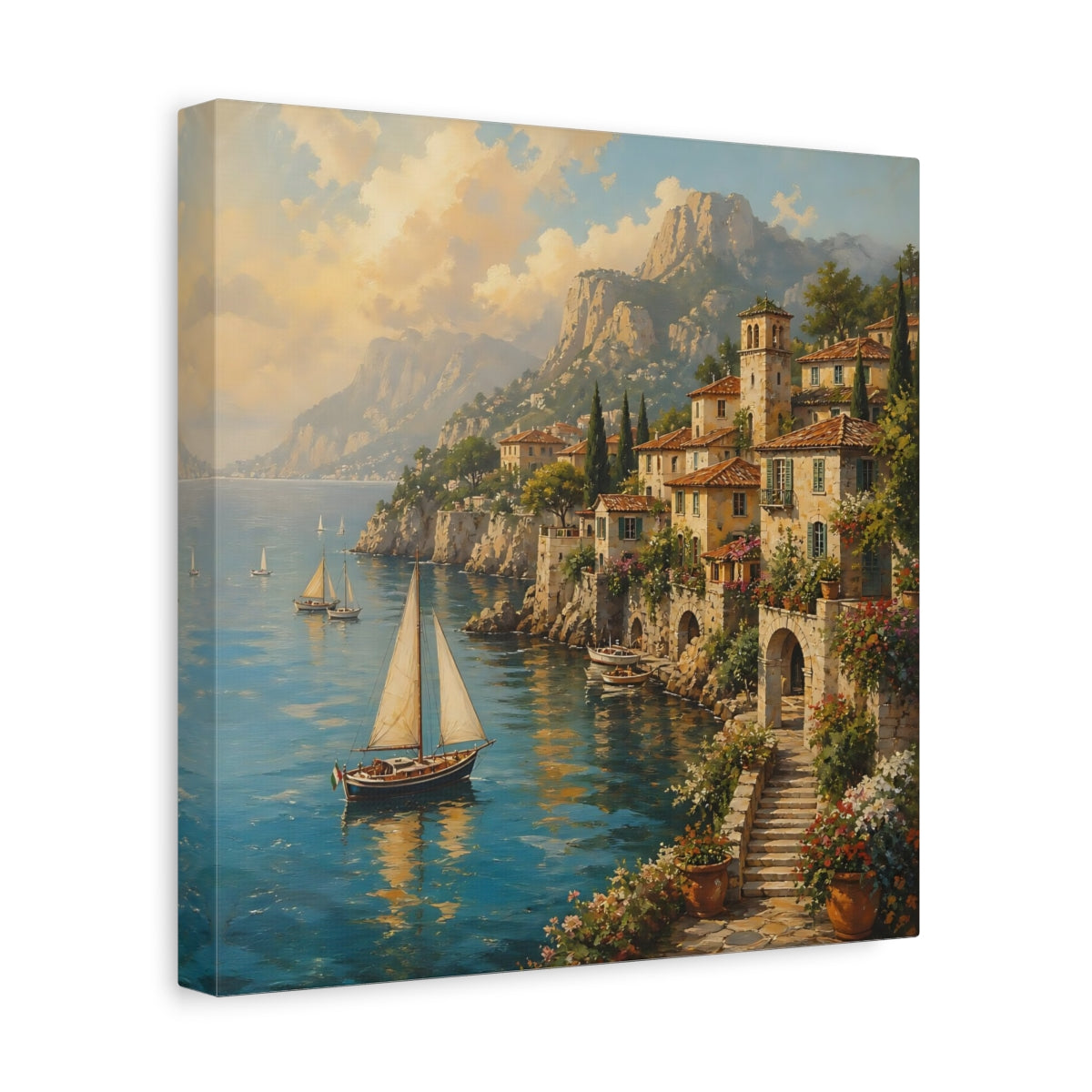 Side Mockup 8. Nature Coastal Village Italian Village Seascape shown as stretched canvas wall art