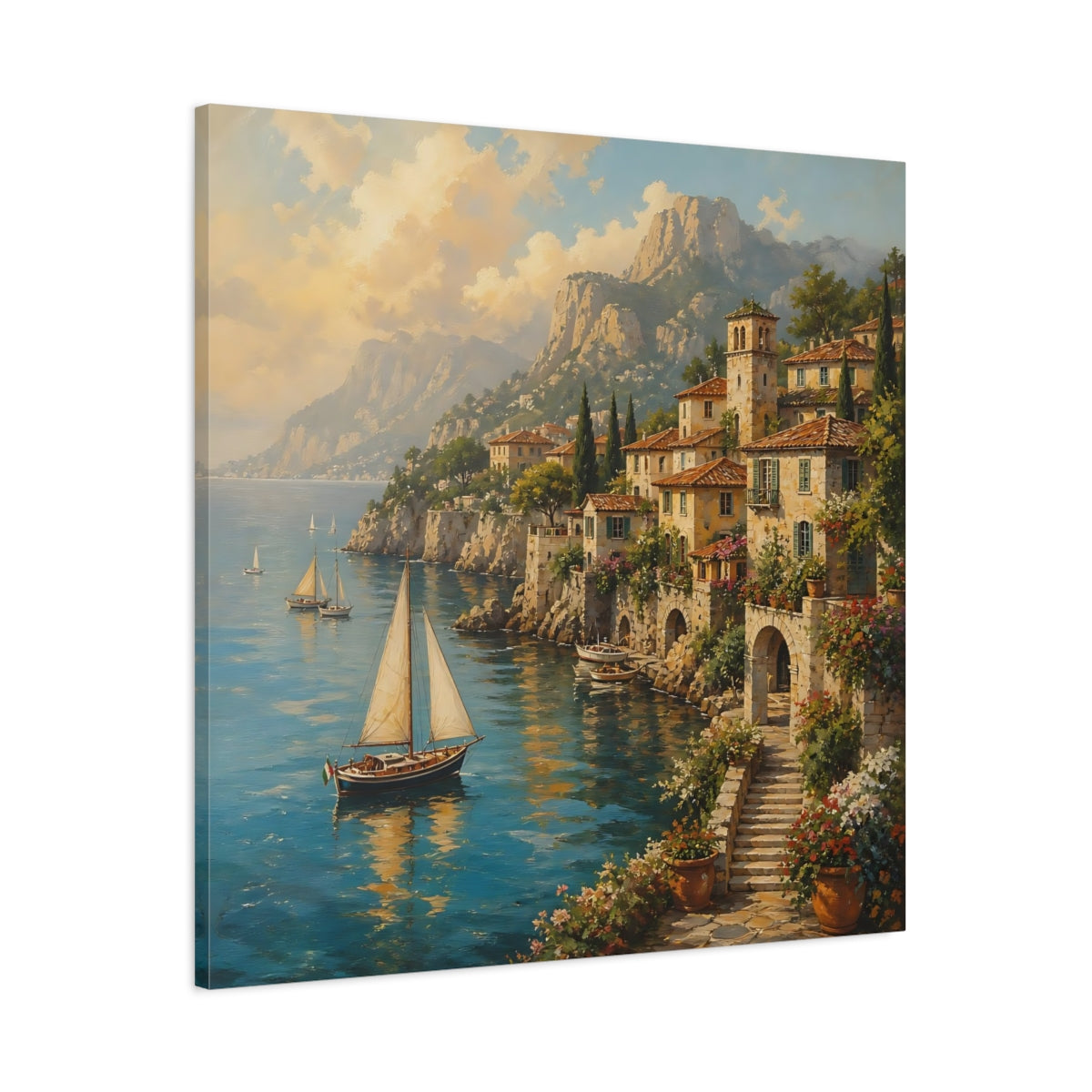 Main Mockup. Nature Coastal Village Italian Village Seascape shown as stretched canvas wall art