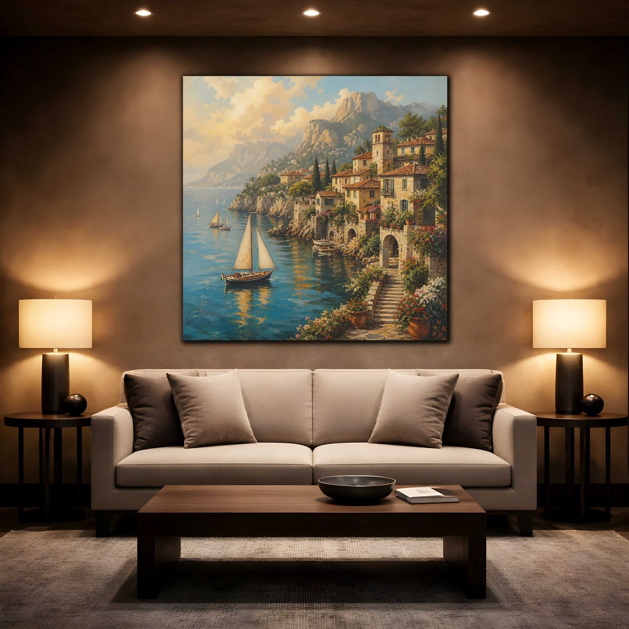 Mockup 2. Nature Coastal Village Italian Village Seascape shown as stretched canvas wall art