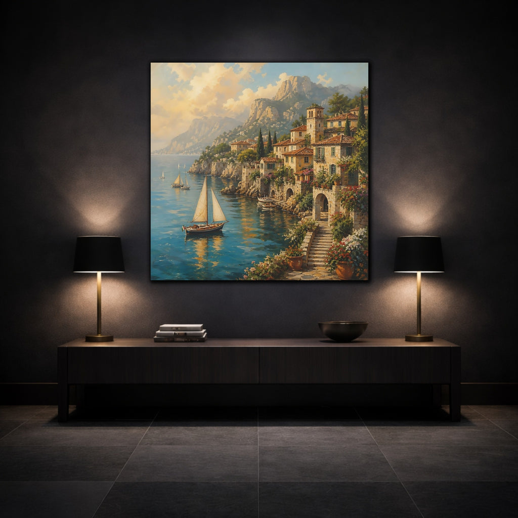 Mockup 3. Nature Coastal Village Italian Village Seascape shown as stretched canvas wall art