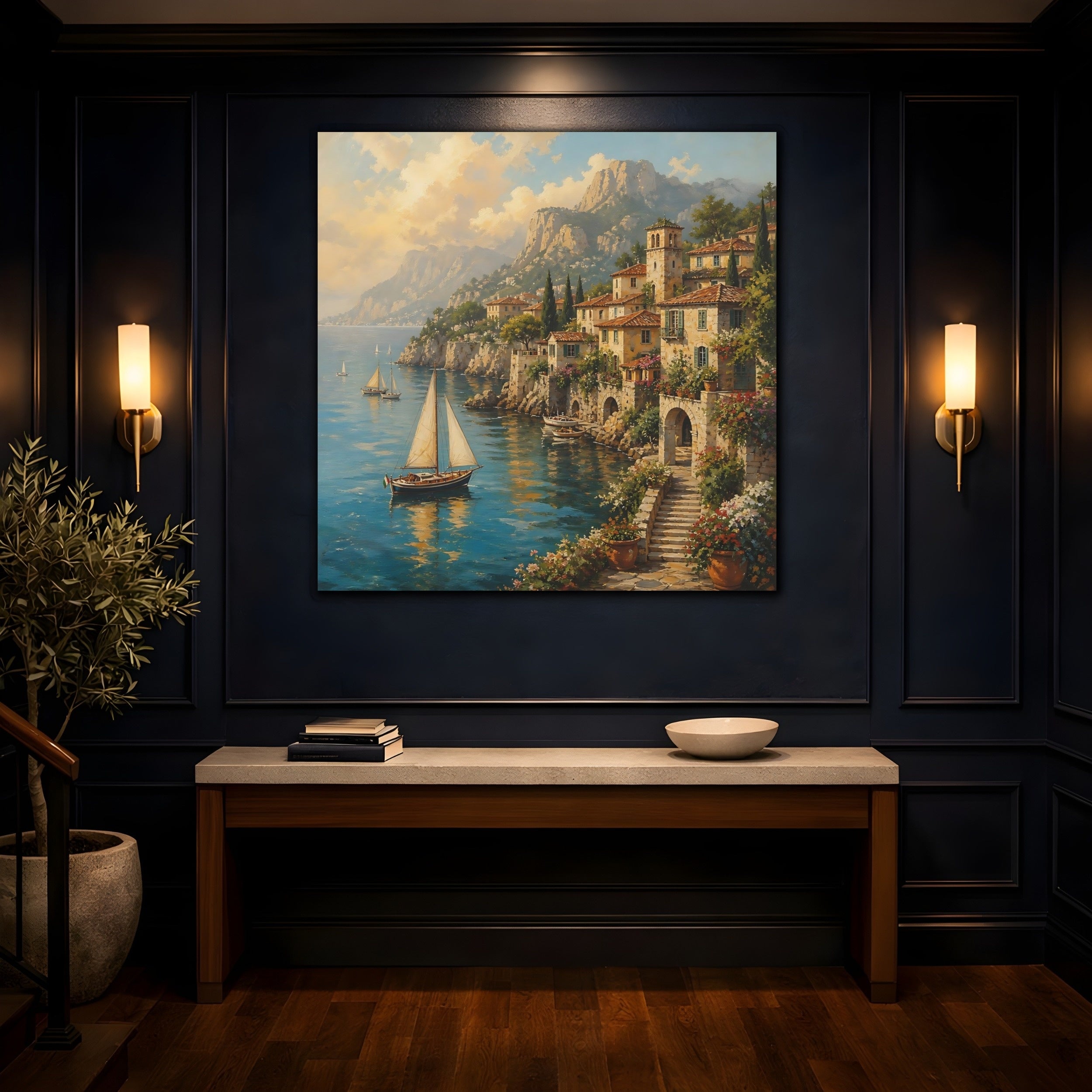 Mockup 4. Nature Coastal Village Italian Village Seascape shown as stretched canvas wall art