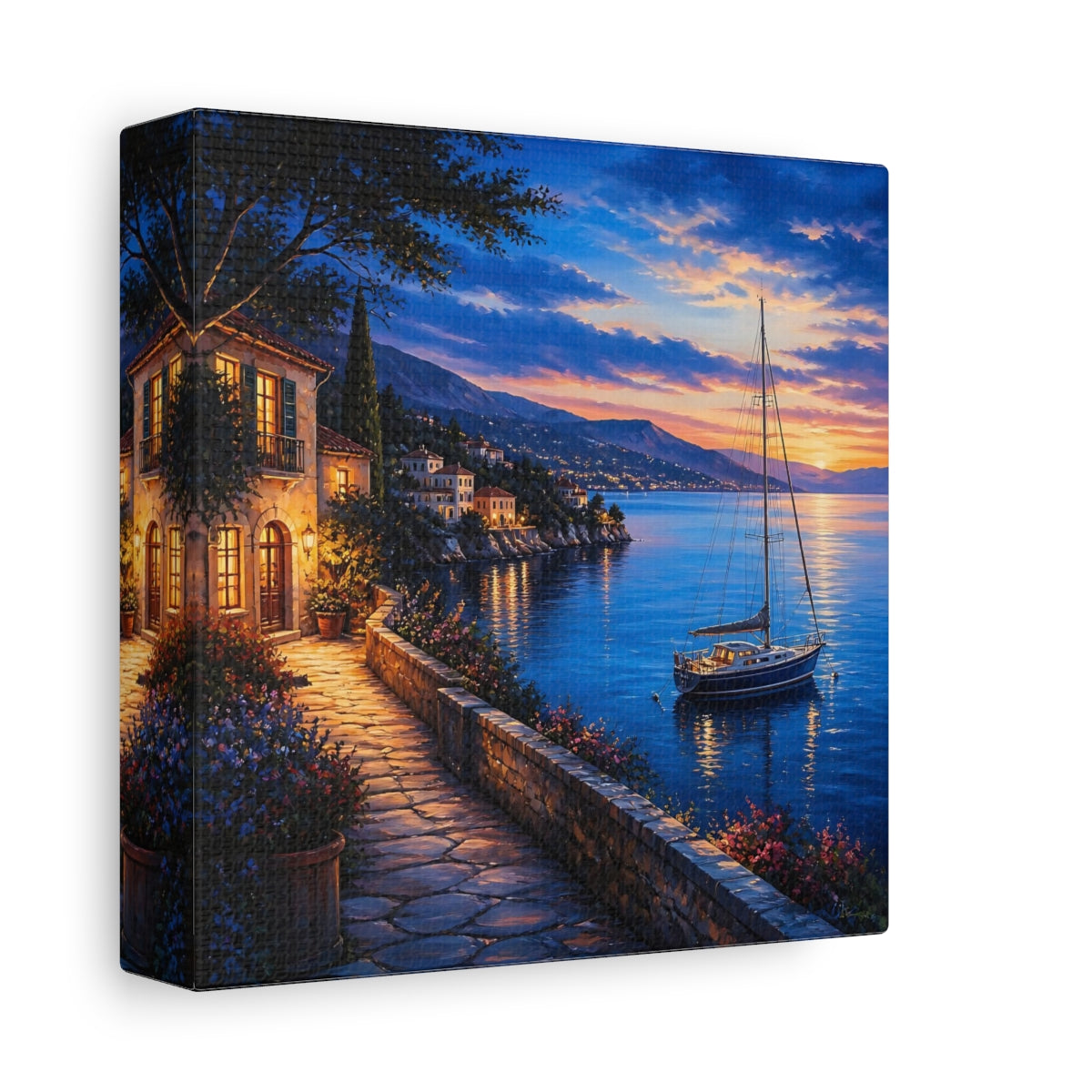 Side Mockup 2. Nature Coastal Village Coastal Sunset shown as stretched canvas wall art