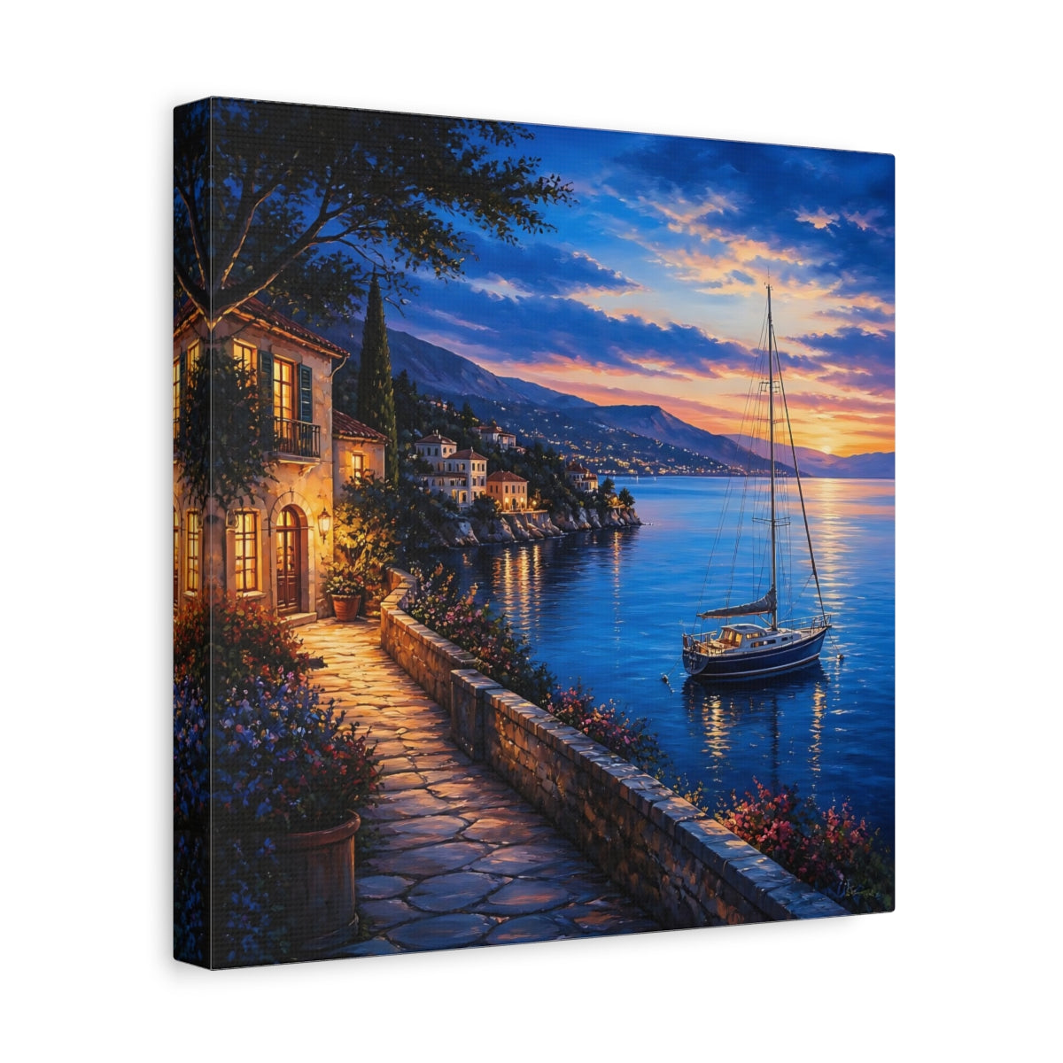 Side Mockup 8. Nature Coastal Village Coastal Sunset shown as stretched canvas wall art
