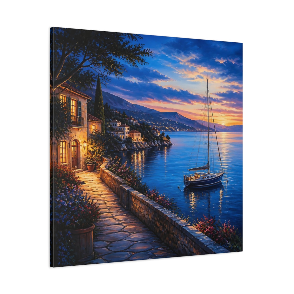 Side Mockup 1. Nature Coastal Village Coastal Sunset shown as stretched canvas wall art