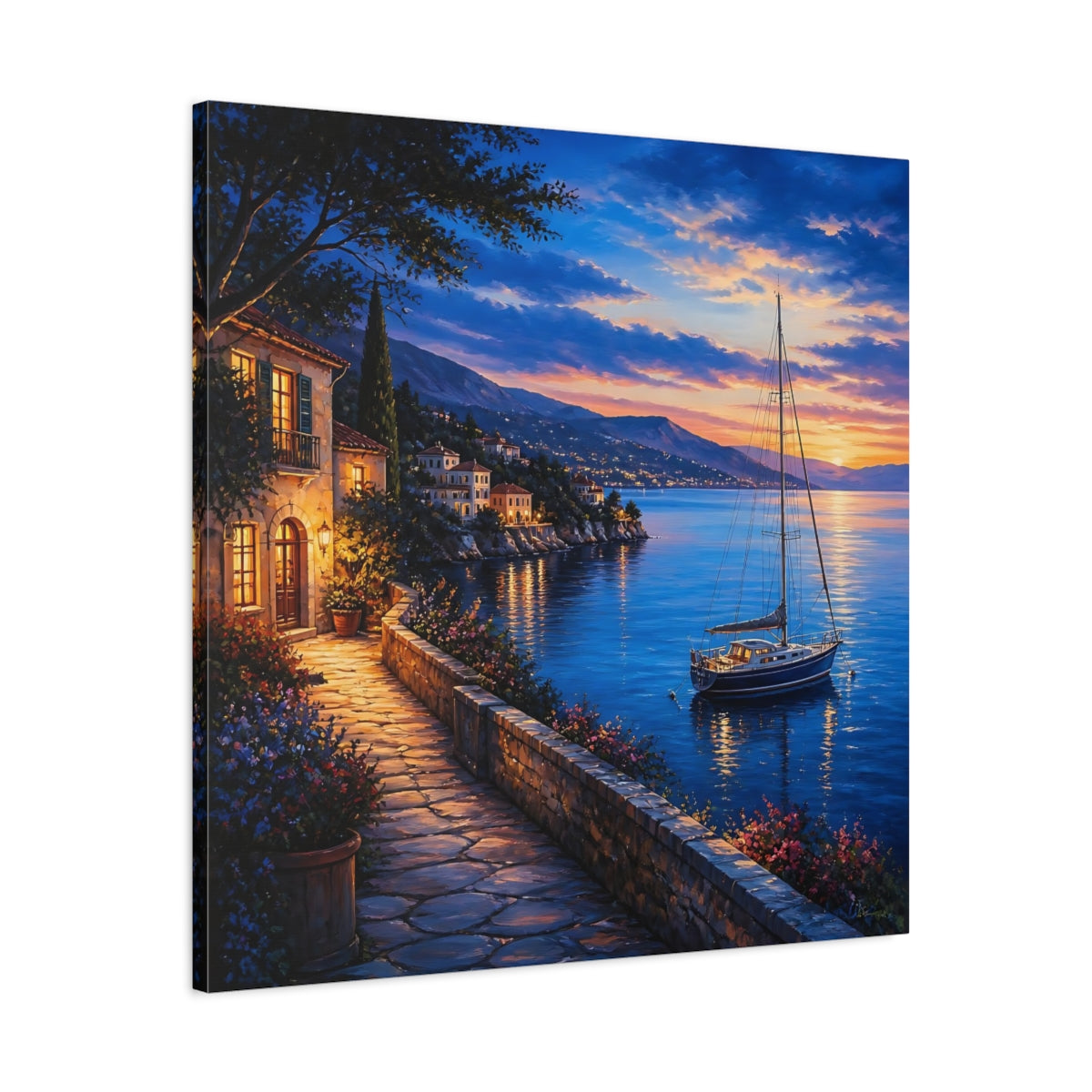 Side Mockup 3. Nature Coastal Village Coastal Sunset shown as stretched canvas wall art