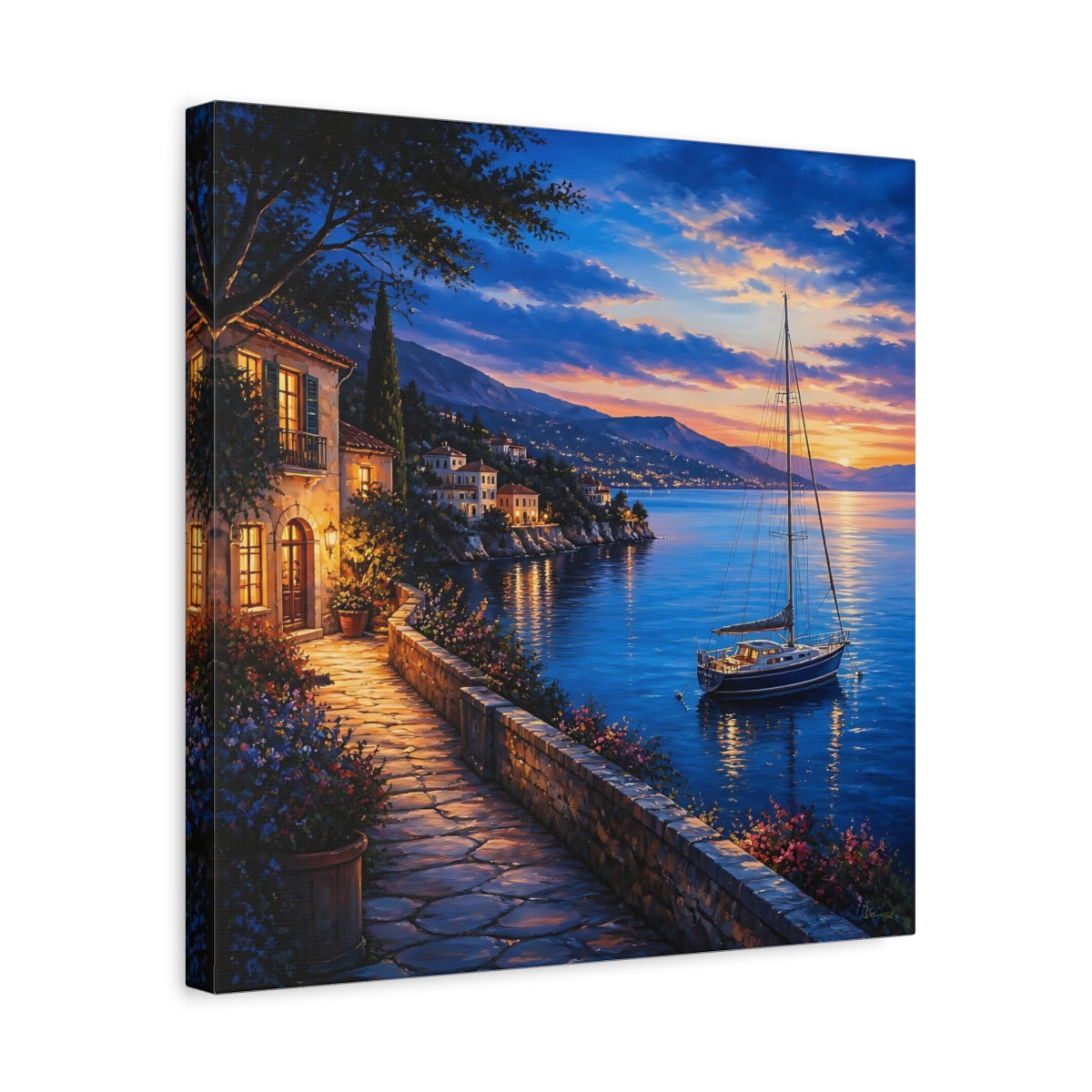 Side Mockup 6. Nature Coastal Village Coastal Sunset shown as stretched canvas wall art