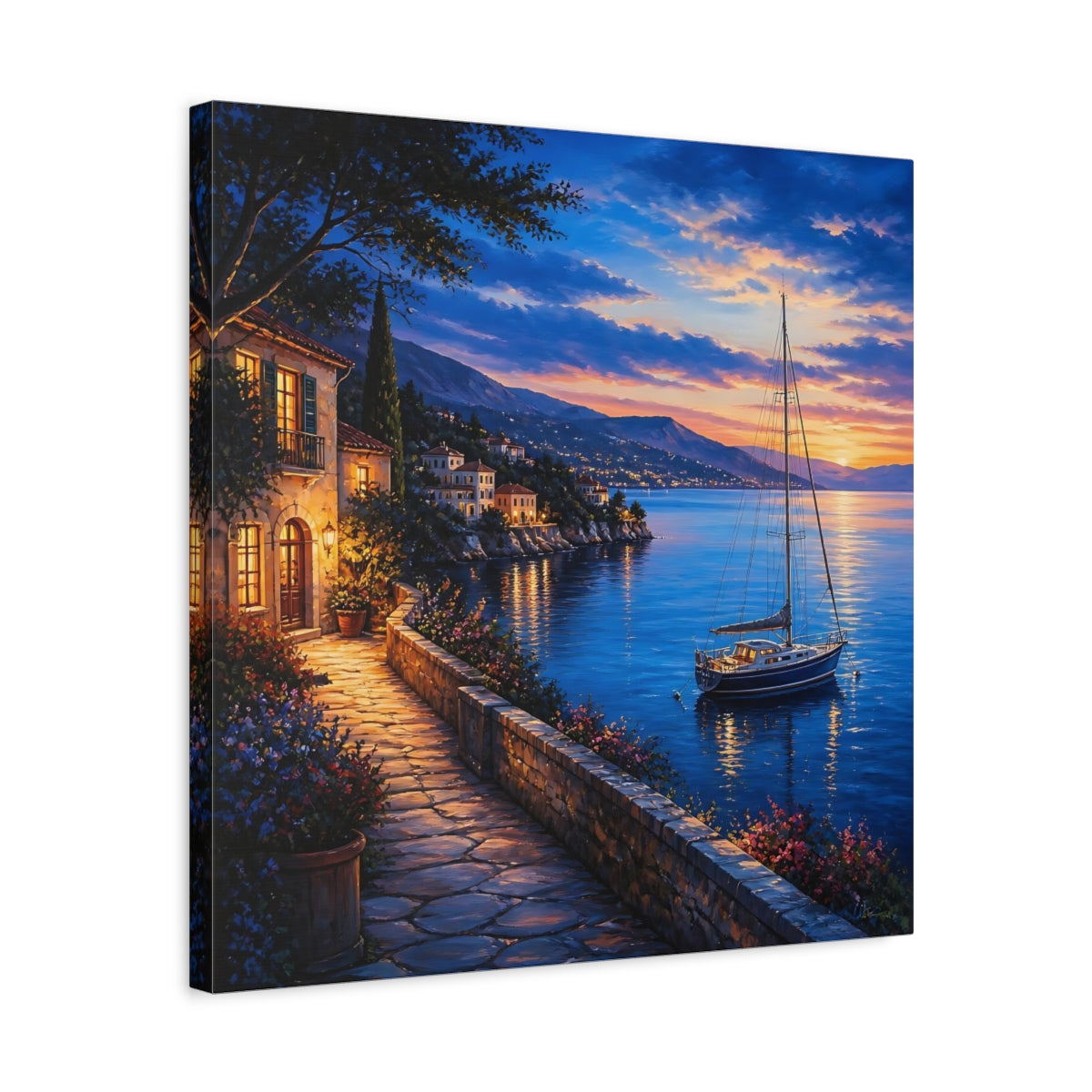 Side Mockup 5. Nature Coastal Village Coastal Sunset shown as stretched canvas wall art