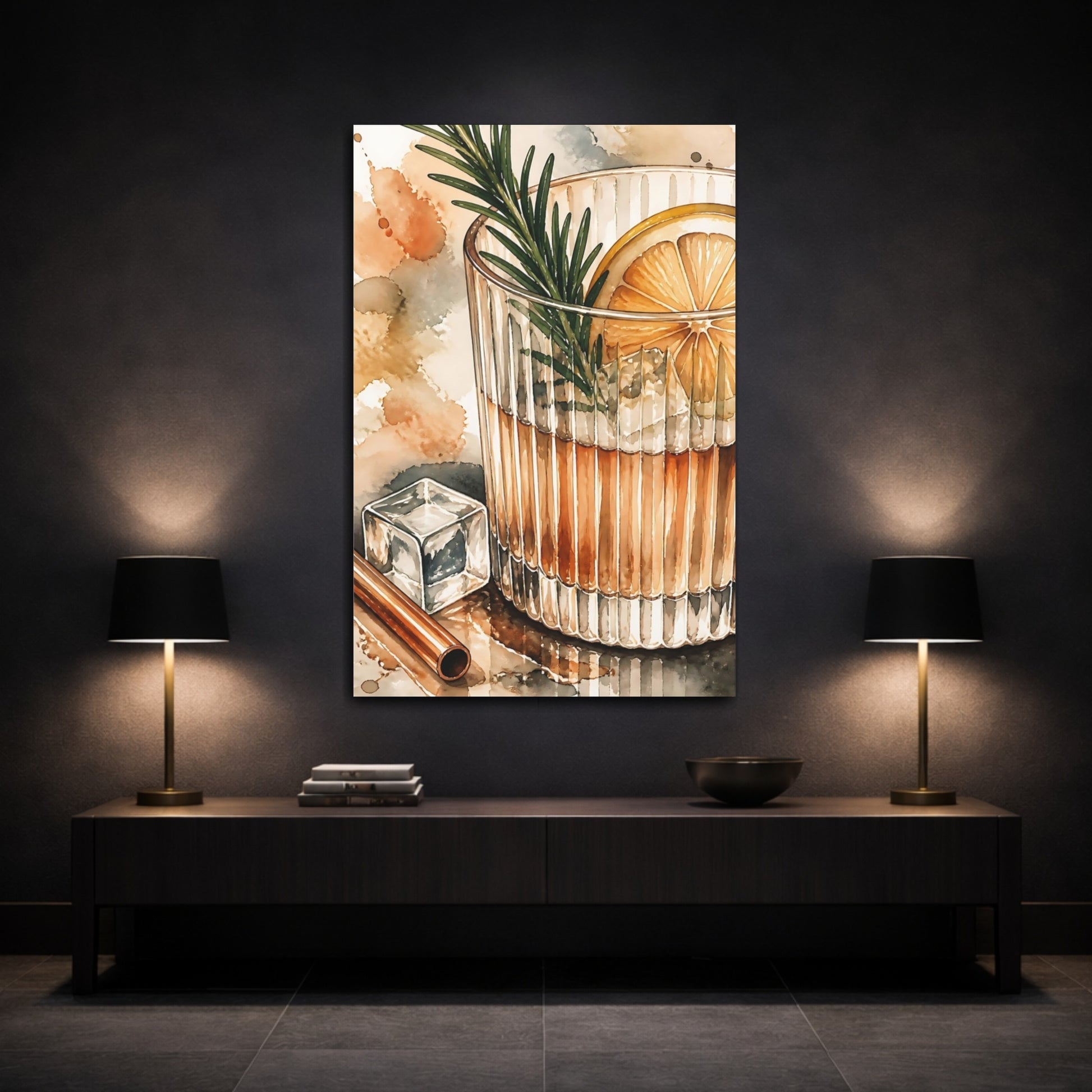 Mockup 3. Nature Cocktail Orange And Green shown as stretched canvas wall art