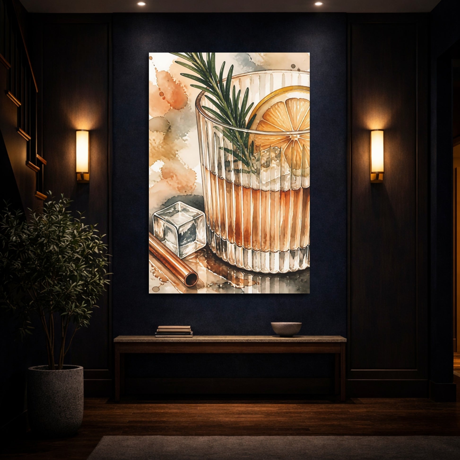 Mockup 4. Nature Cocktail Orange And Green shown as stretched canvas wall art