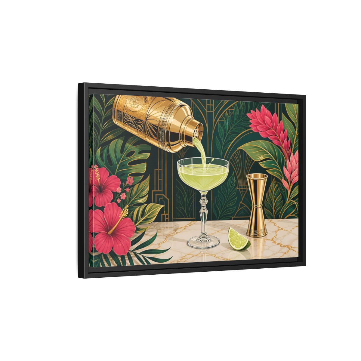 Side Mockup 3. Nature Cocktail Scene Green And Gold shown as stretched canvas wall art