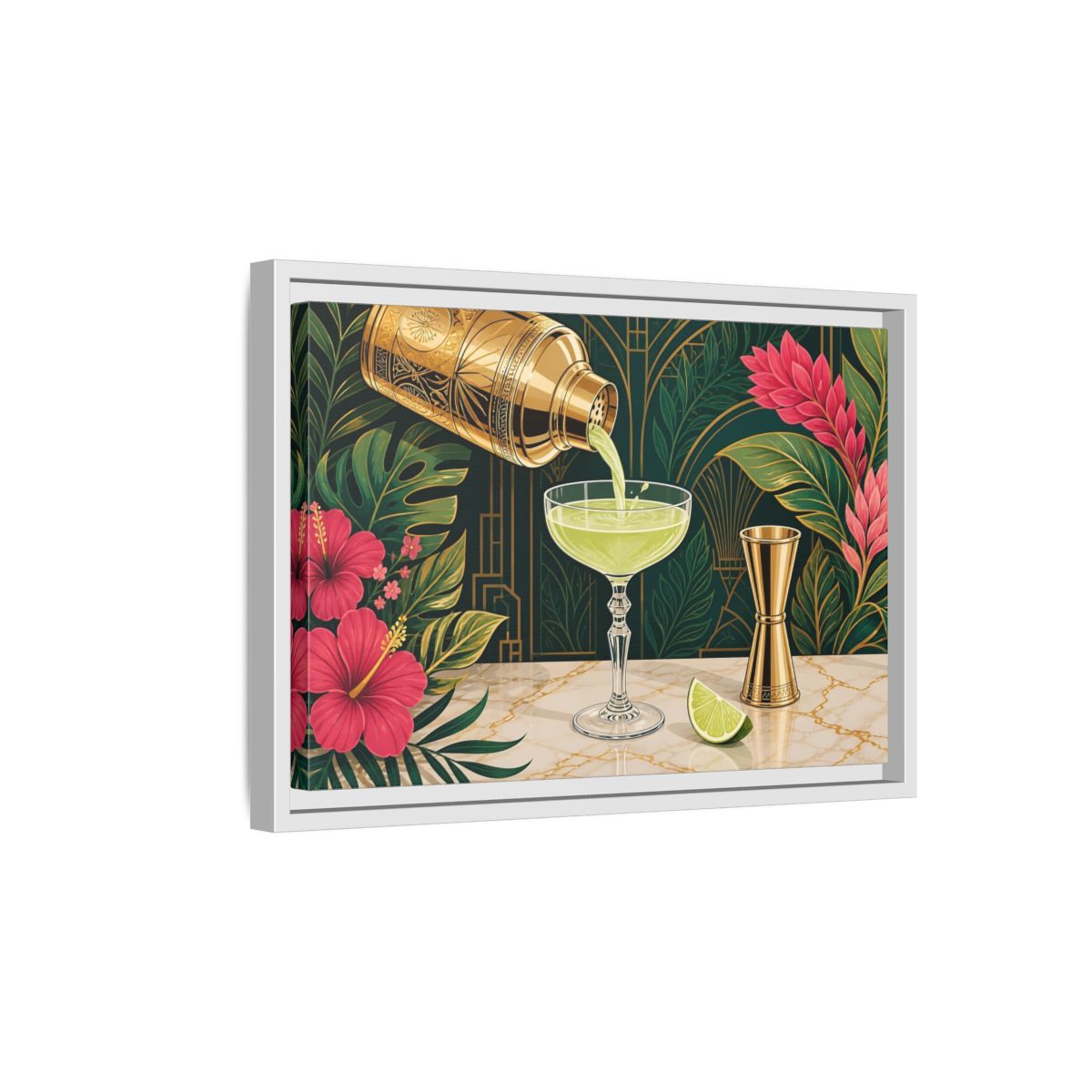 Side Mockup 4. Nature Cocktail Scene Green And Gold shown as stretched canvas wall art