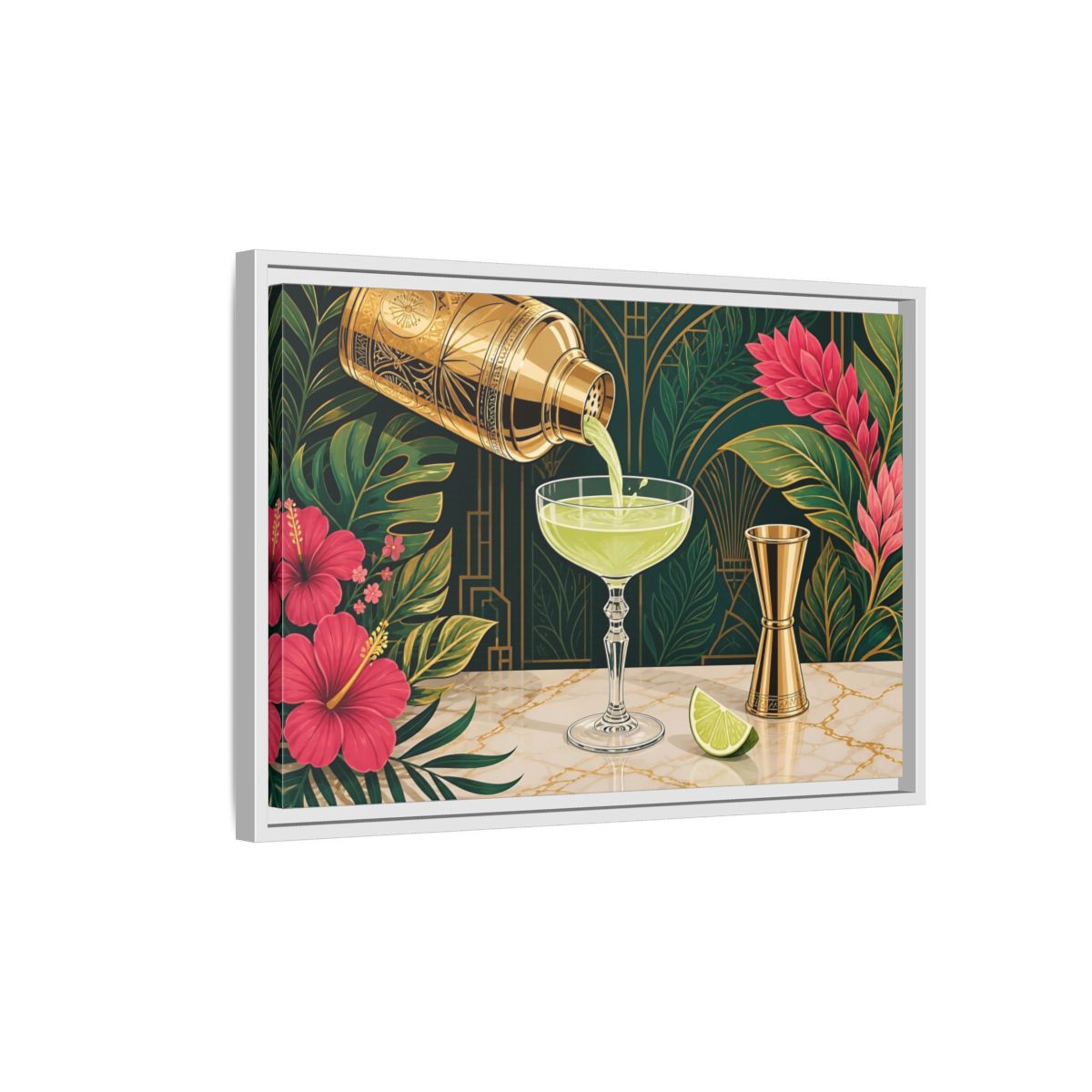 Side Mockup 1. Nature Cocktail Scene Green And Gold shown as stretched canvas wall art