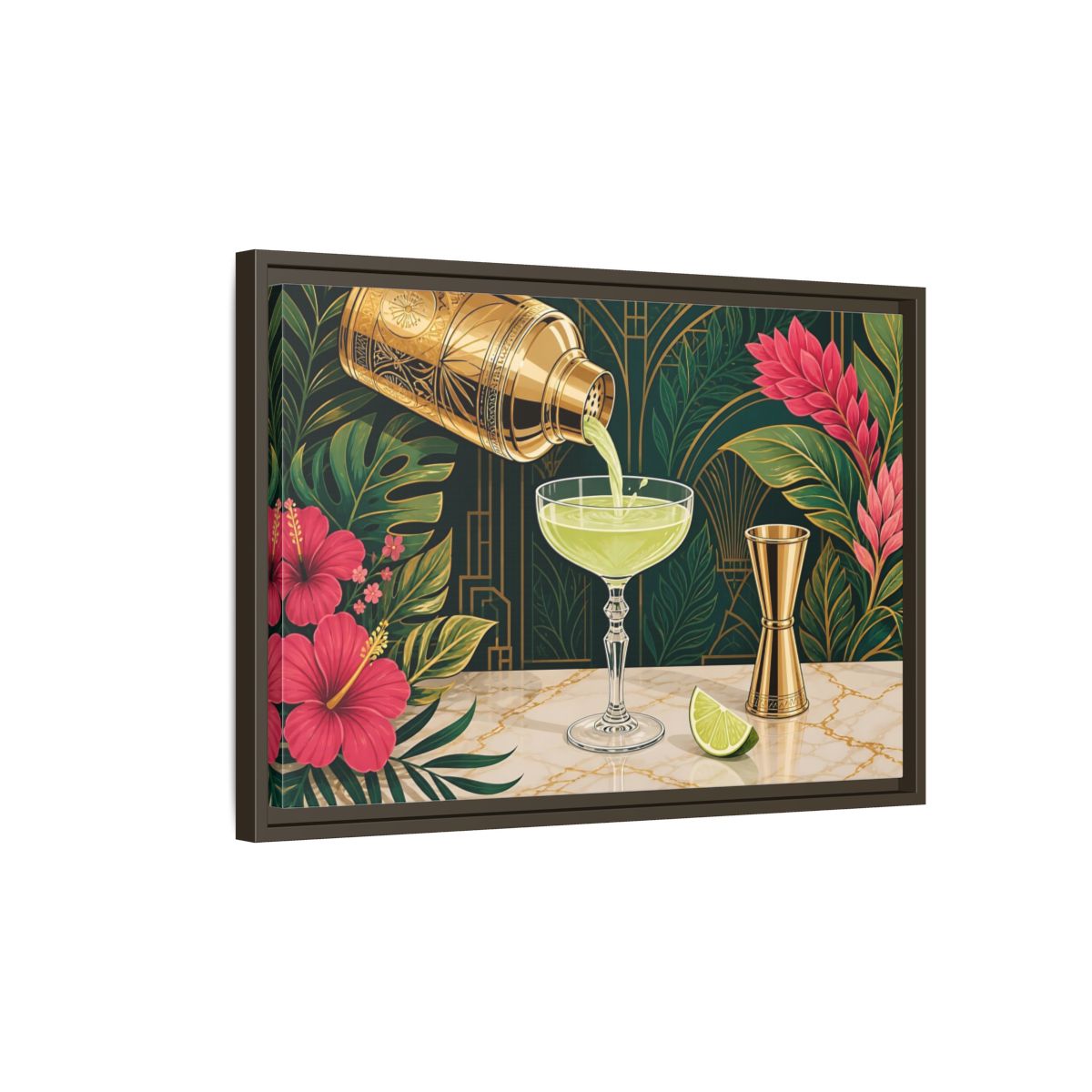 Side Mockup 2. Nature Cocktail Scene Green And Gold shown as stretched canvas wall art