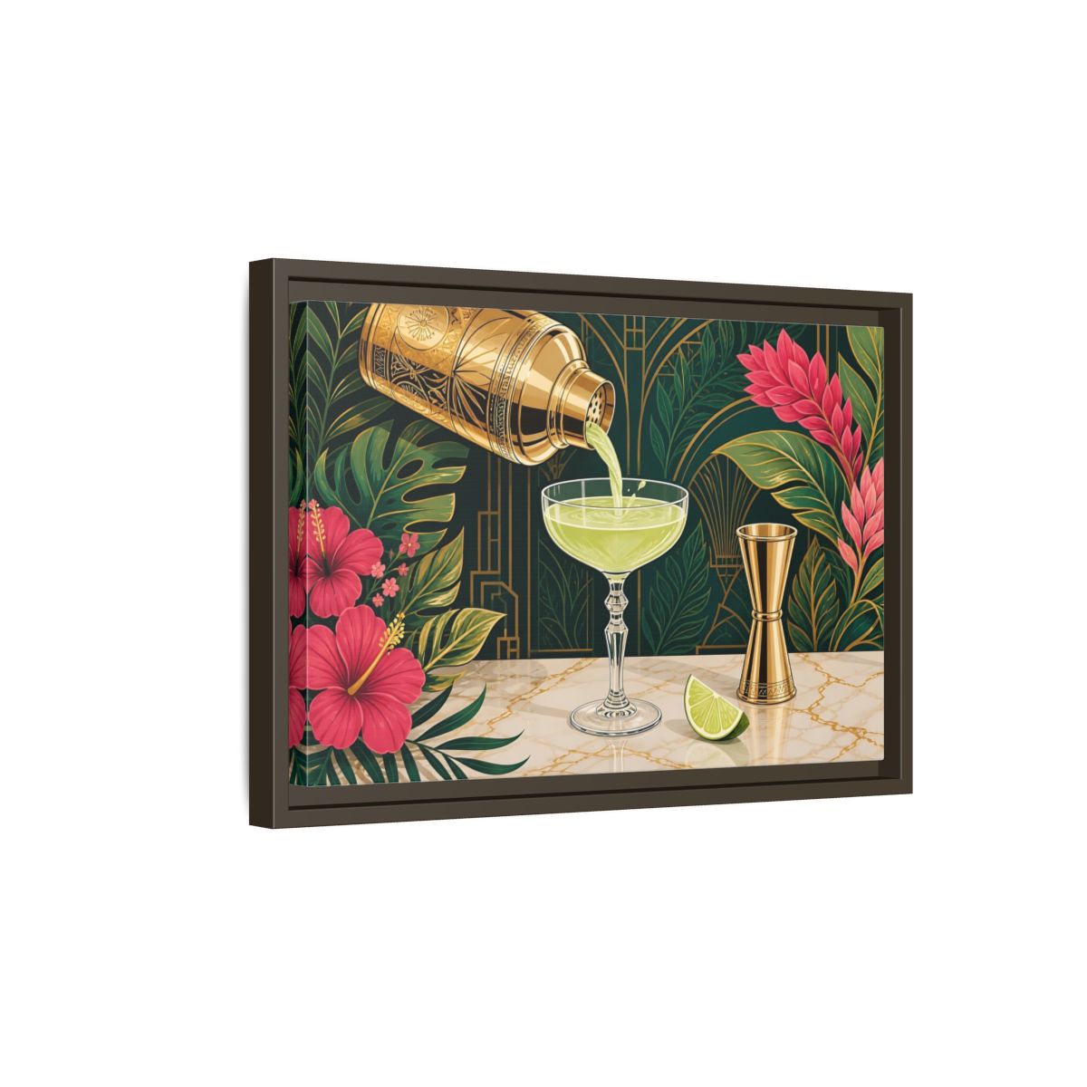 Side Mockup 5. Nature Cocktail Scene Green And Gold shown as stretched canvas wall art
