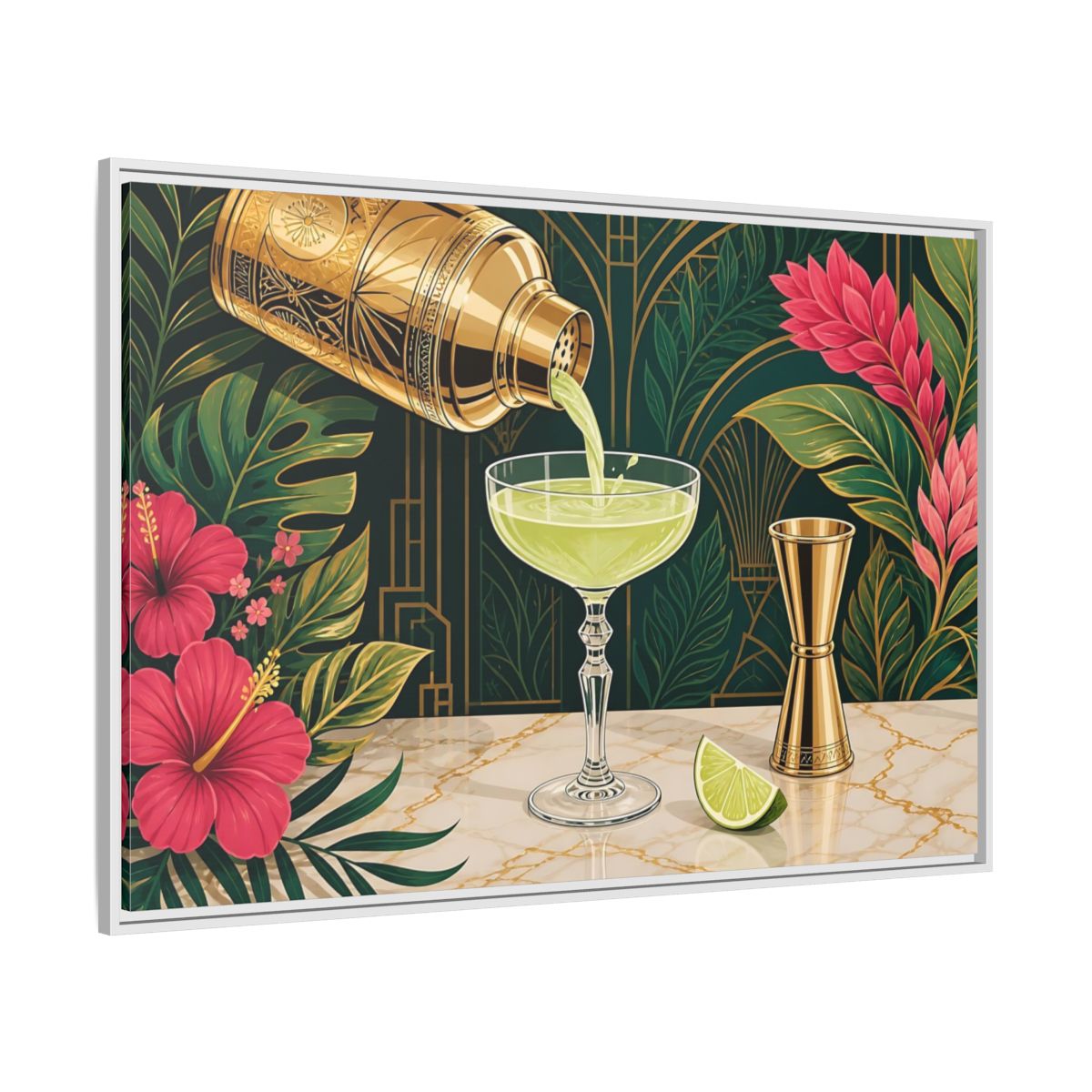 Side Mockup 7. Nature Cocktail Scene Green And Gold shown as stretched canvas wall art