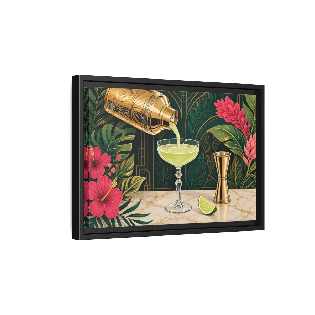 Side Mockup 6. Nature Cocktail Scene Green And Gold shown as stretched canvas wall art