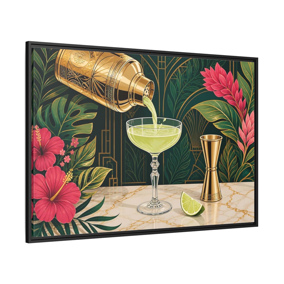 Side Mockup 12. Nature Cocktail Scene Green And Gold shown as stretched canvas wall art