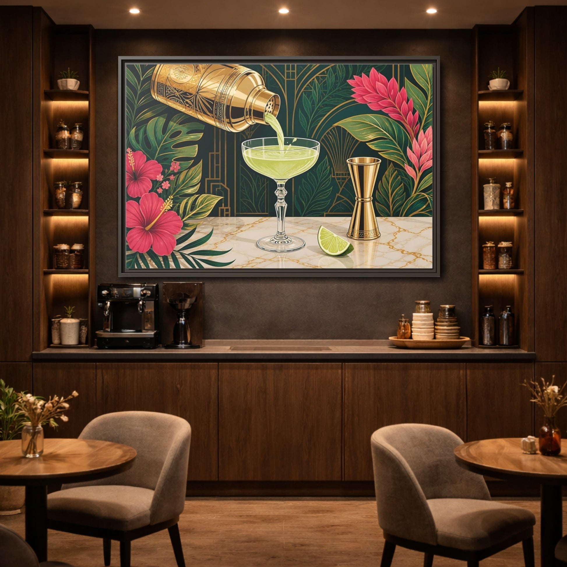 Mockup 2. Nature Cocktail Scene Green And Gold shown as stretched canvas wall art