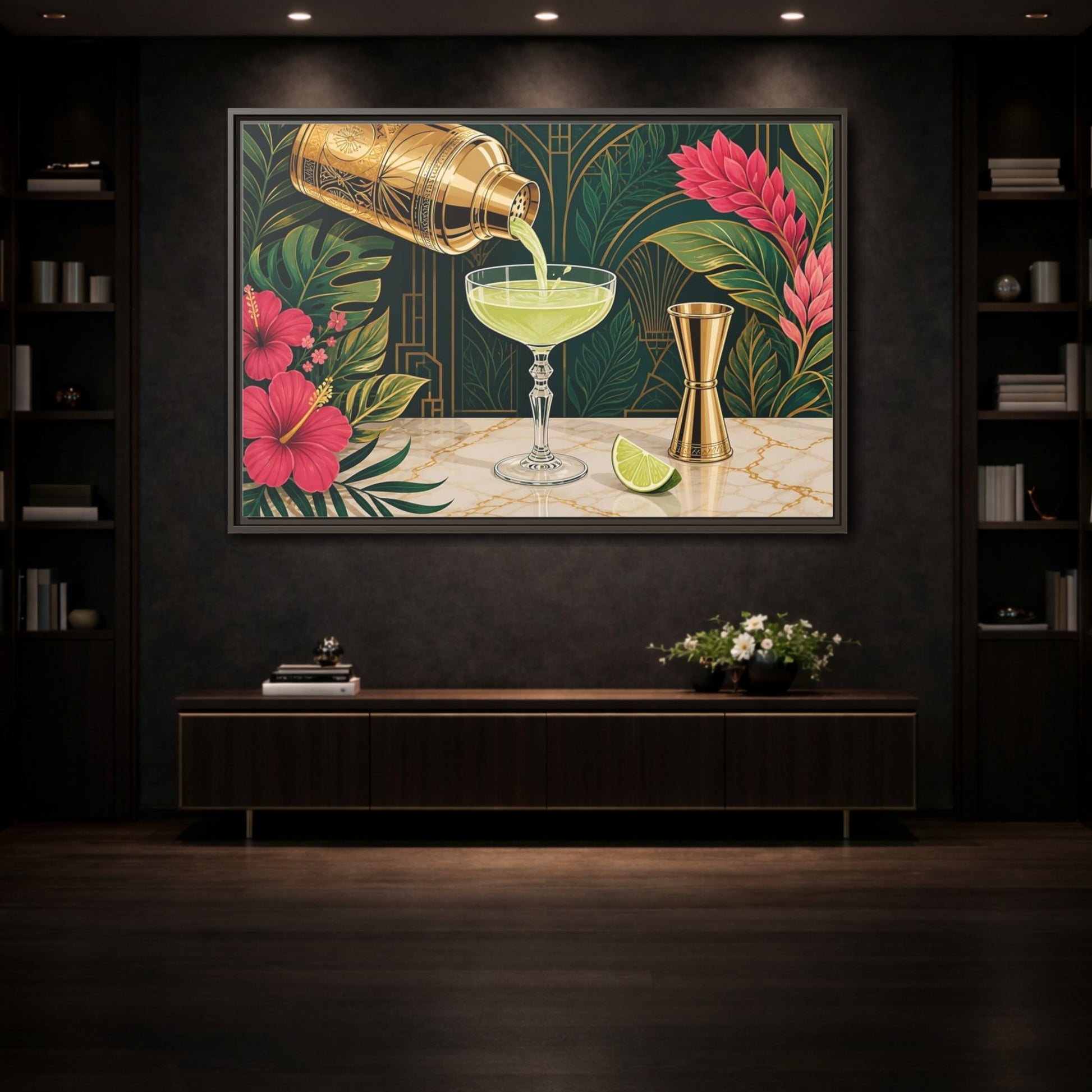 Mockup 3. Nature Cocktail Scene Green And Gold shown as stretched canvas wall art