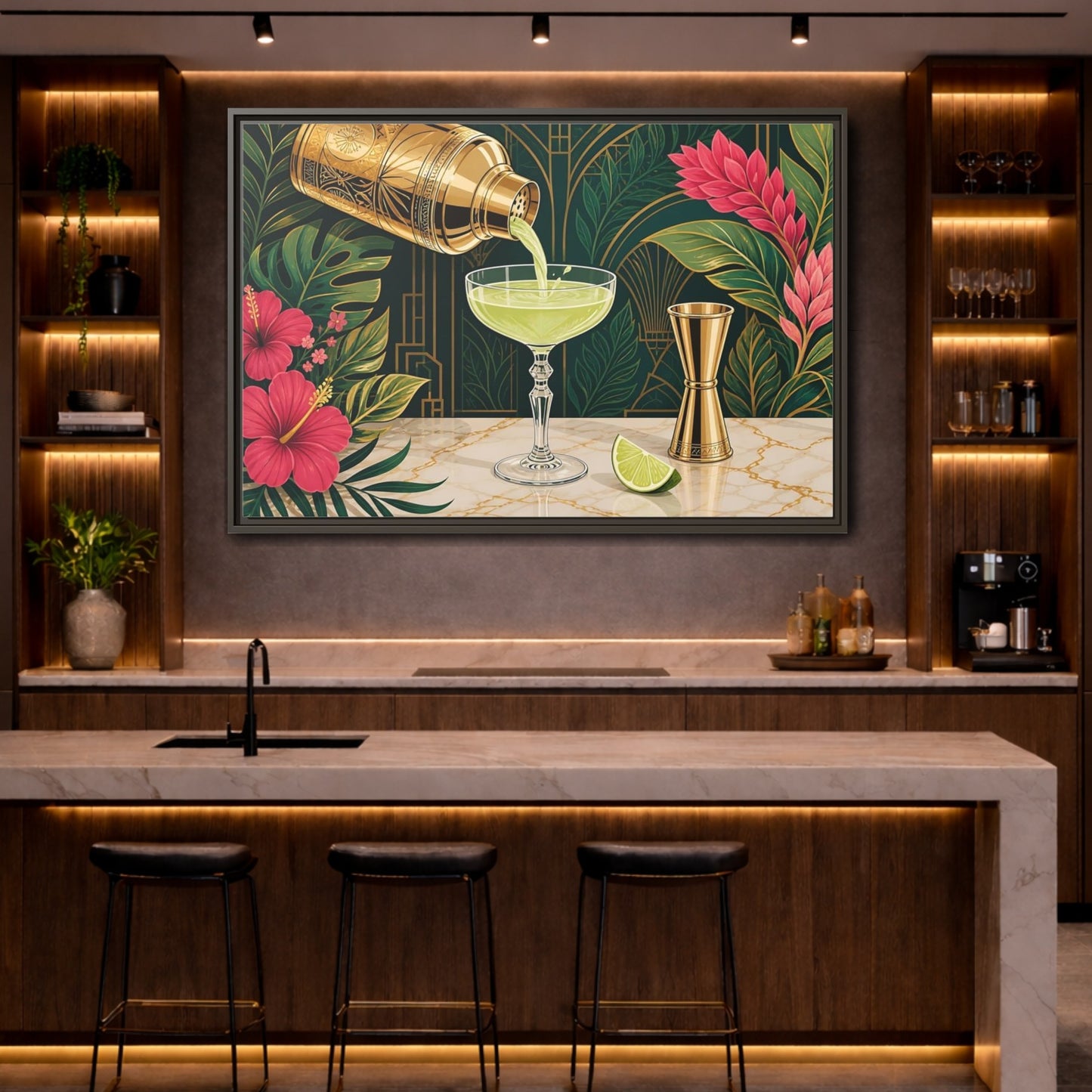 Mockup 4. Nature Cocktail Scene Green And Gold shown as stretched canvas wall art